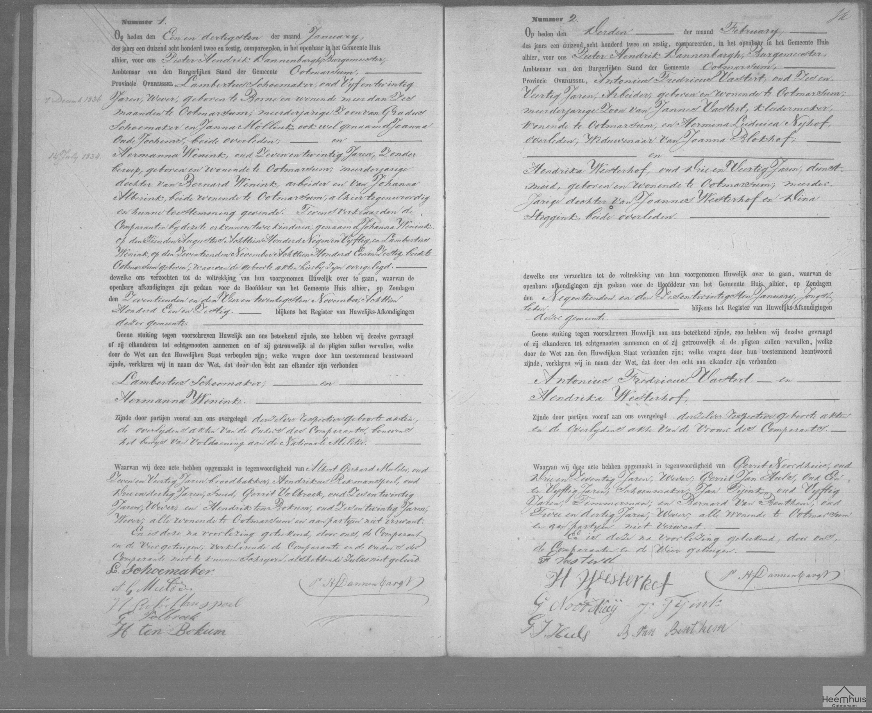 Huwelijksakte van Antonius Fredricus Vastert en Hendrika Westerhof