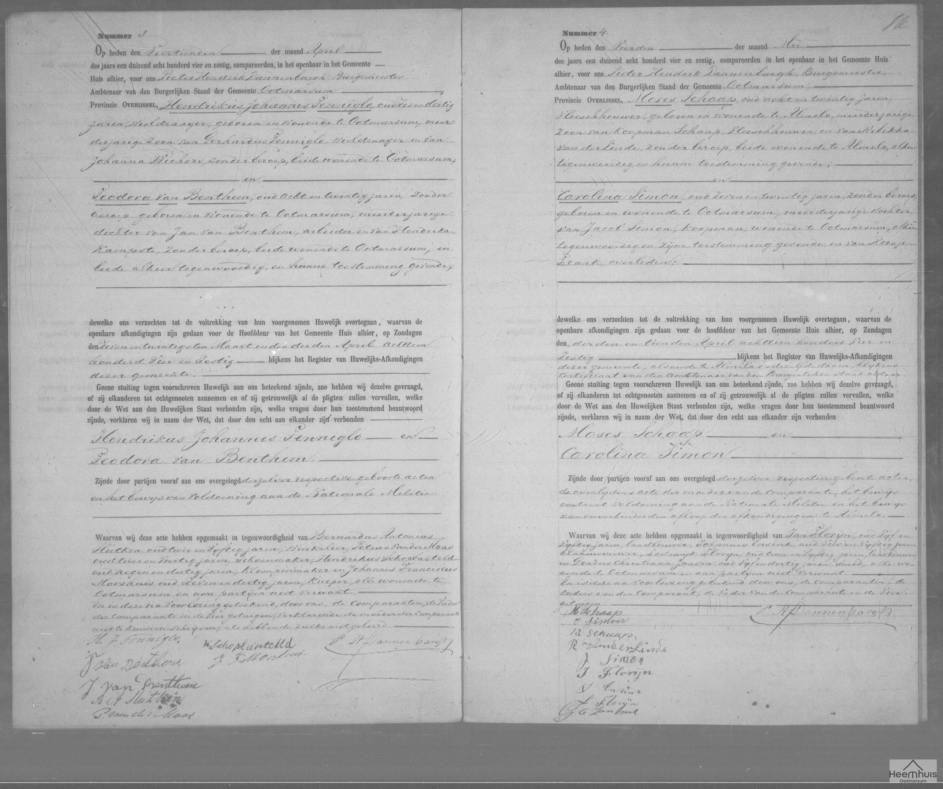 Huwelijksakte van Hendrikus Johannes Tenniglo en Teodora van Benthem
