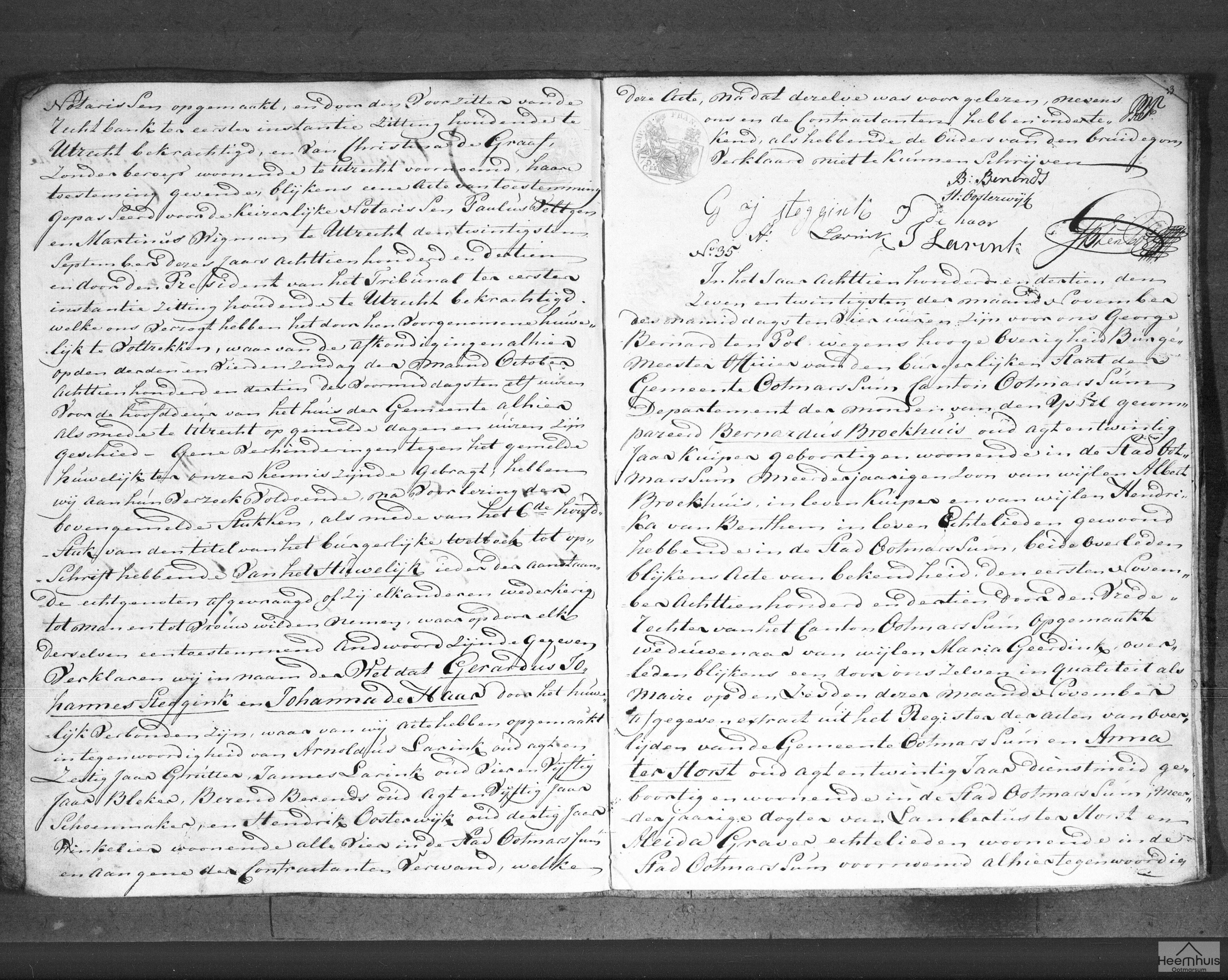 Huwelijksakte van Bernardus Broekhuis en Anna ter Horst