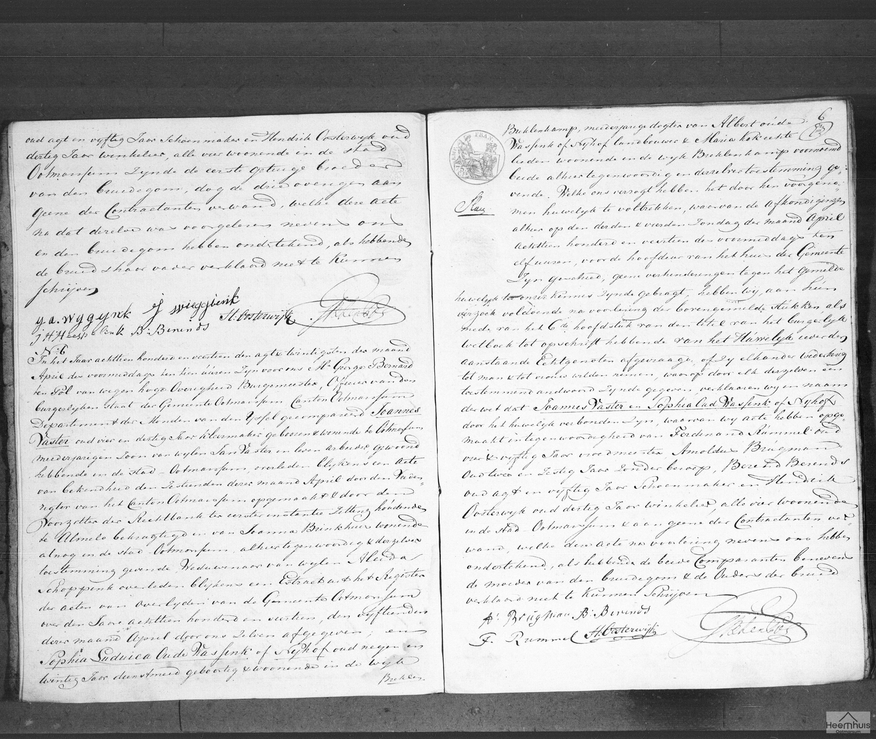 Huwelijksakte van Joannes Vaster en Sophia Luduica Oude Wassink of Nijhof