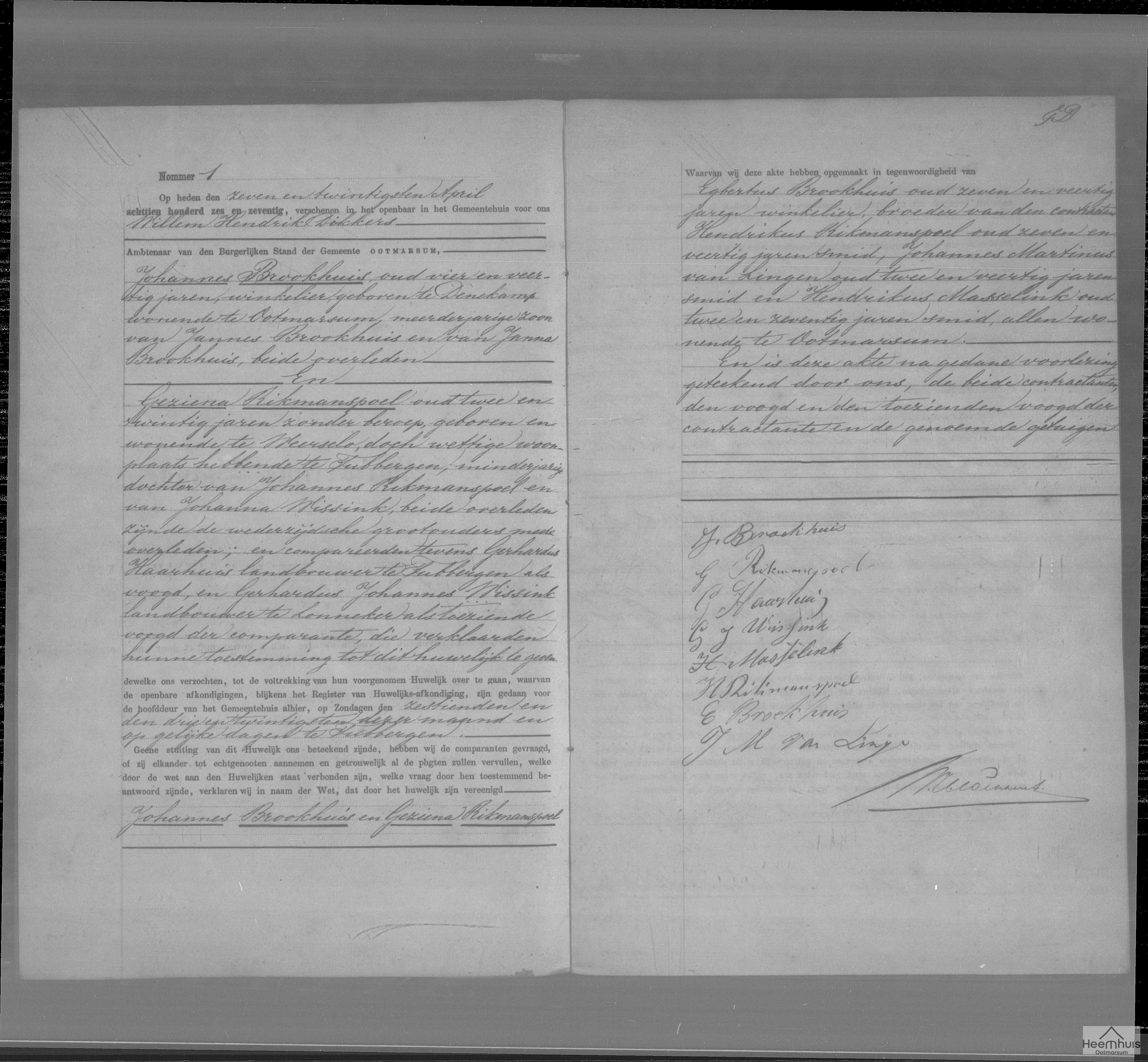 Huwelijksakte van Johannes Brookhuis en Geziena Rikmanspoel