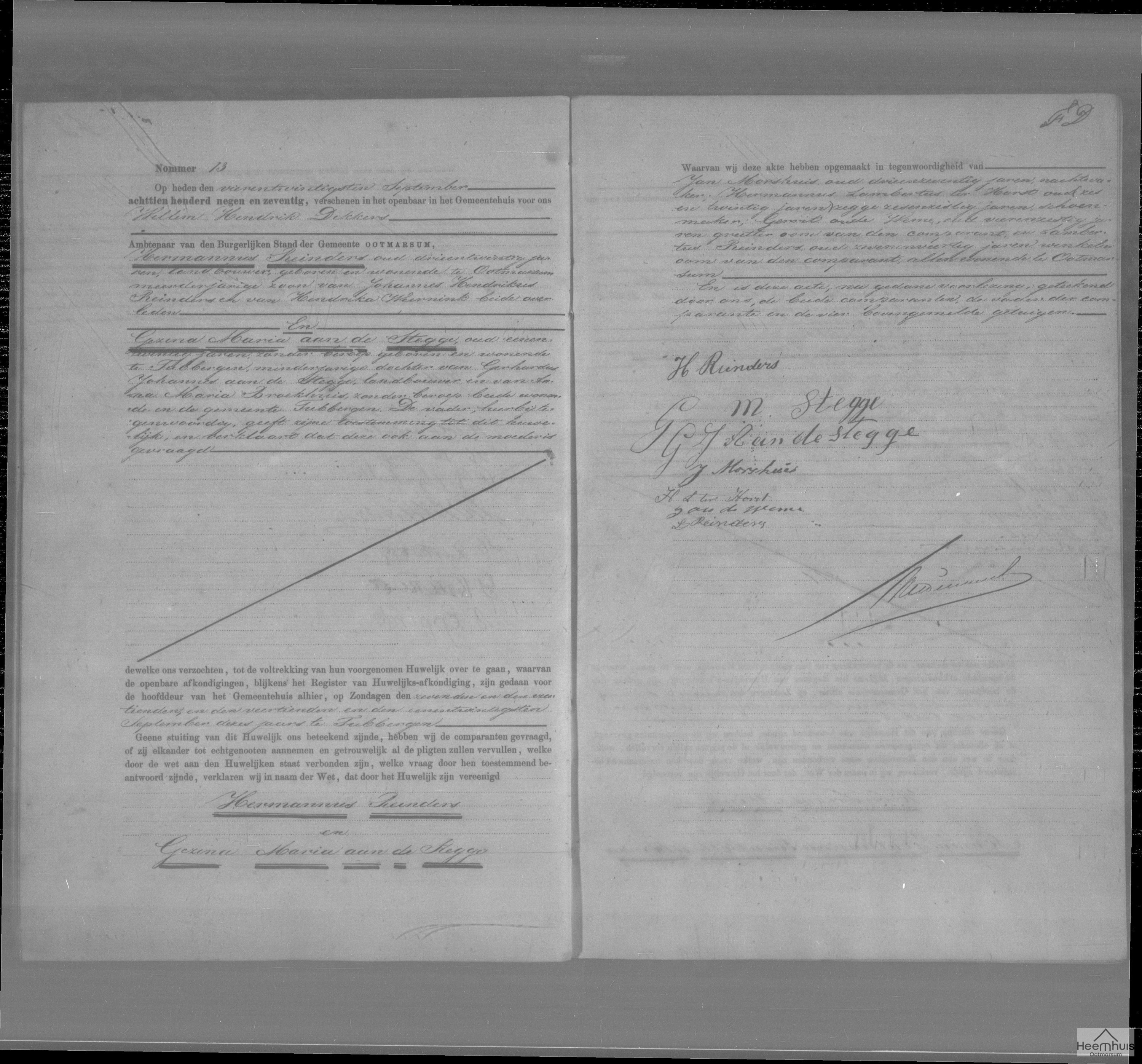Huwelijksakte van Hermannus Reinders en Gezina Maria aan de Stegge