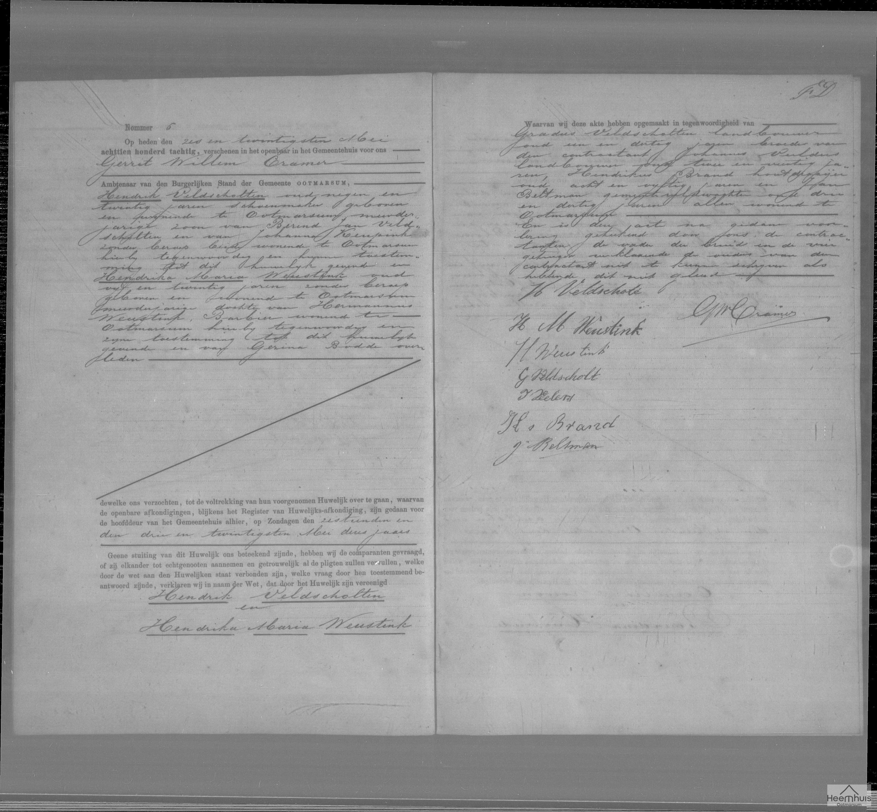 Huwelijksakte van Hendrik Veldscholten en Hendrika Maria Weustink