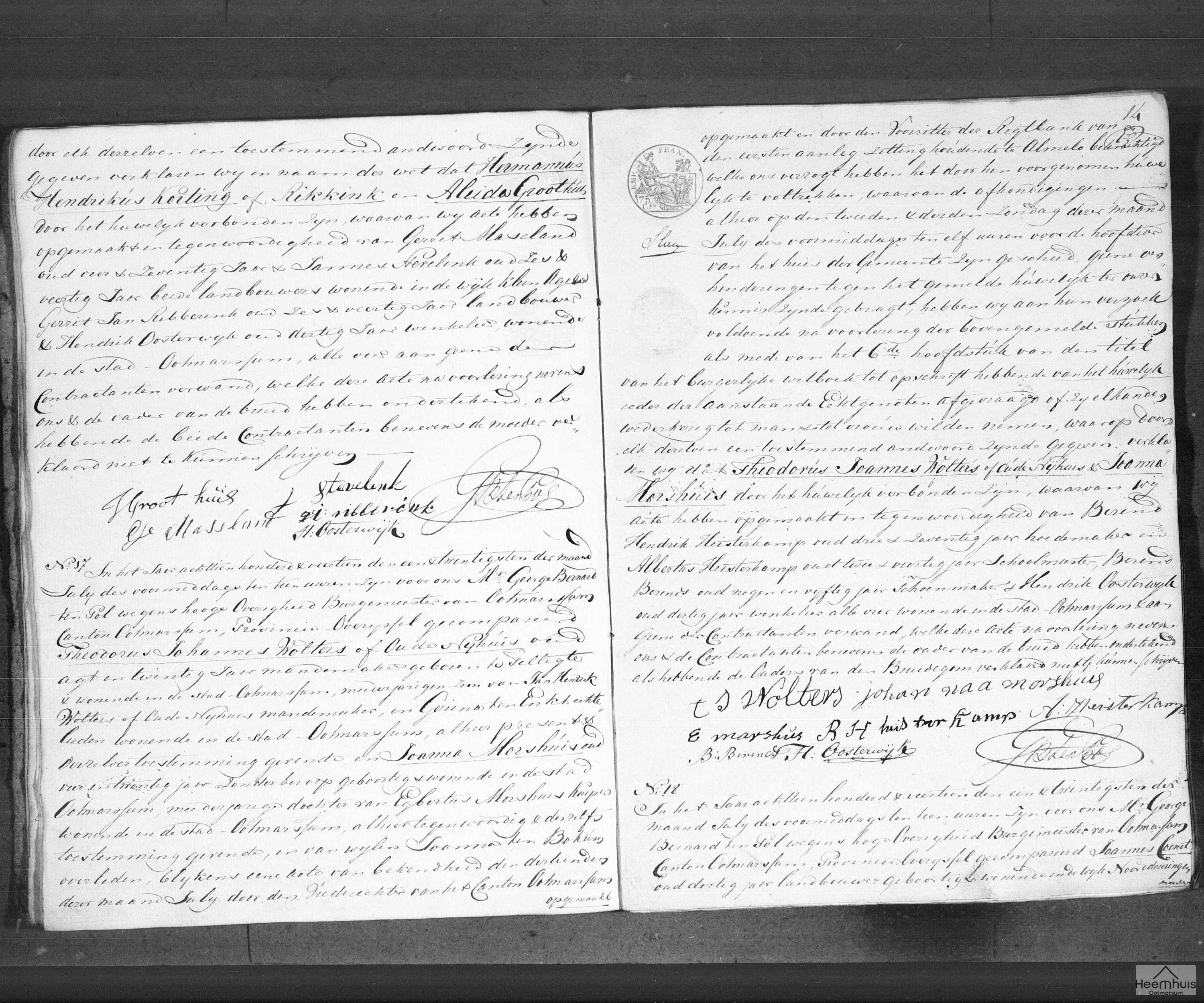 Huwelijksakte van Theodorus Johannes Wolters of Oude Nijhuis en Joanna Morshuis