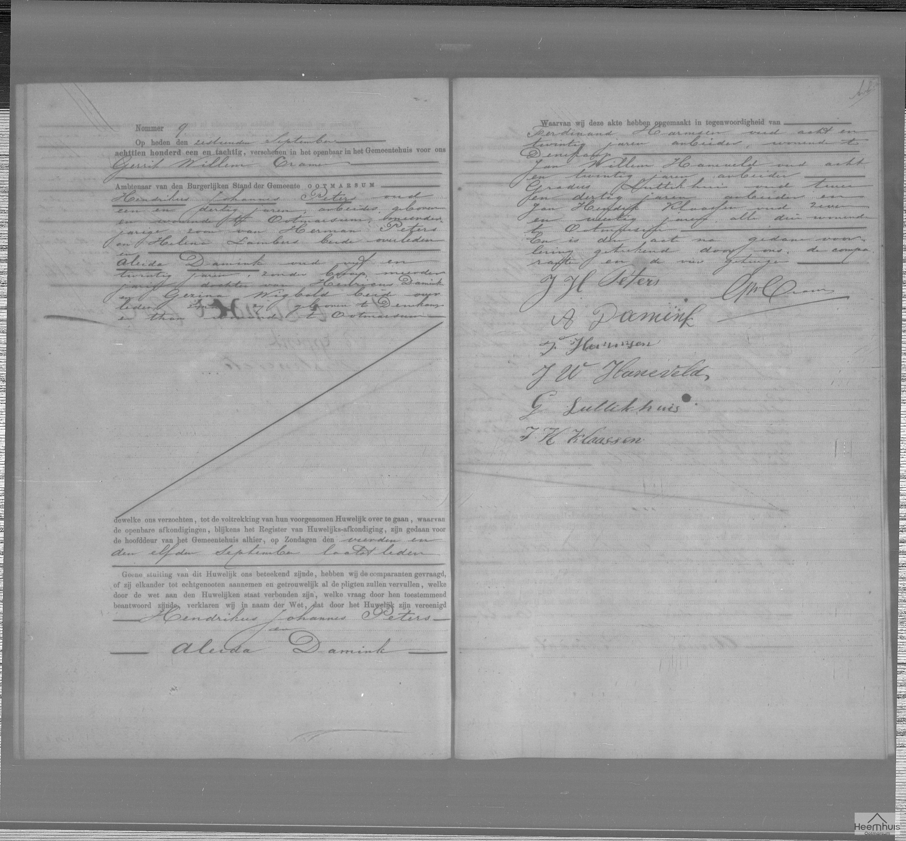 Huwelijksakte van Hendrikus Johannes Peters en Aleida Damink