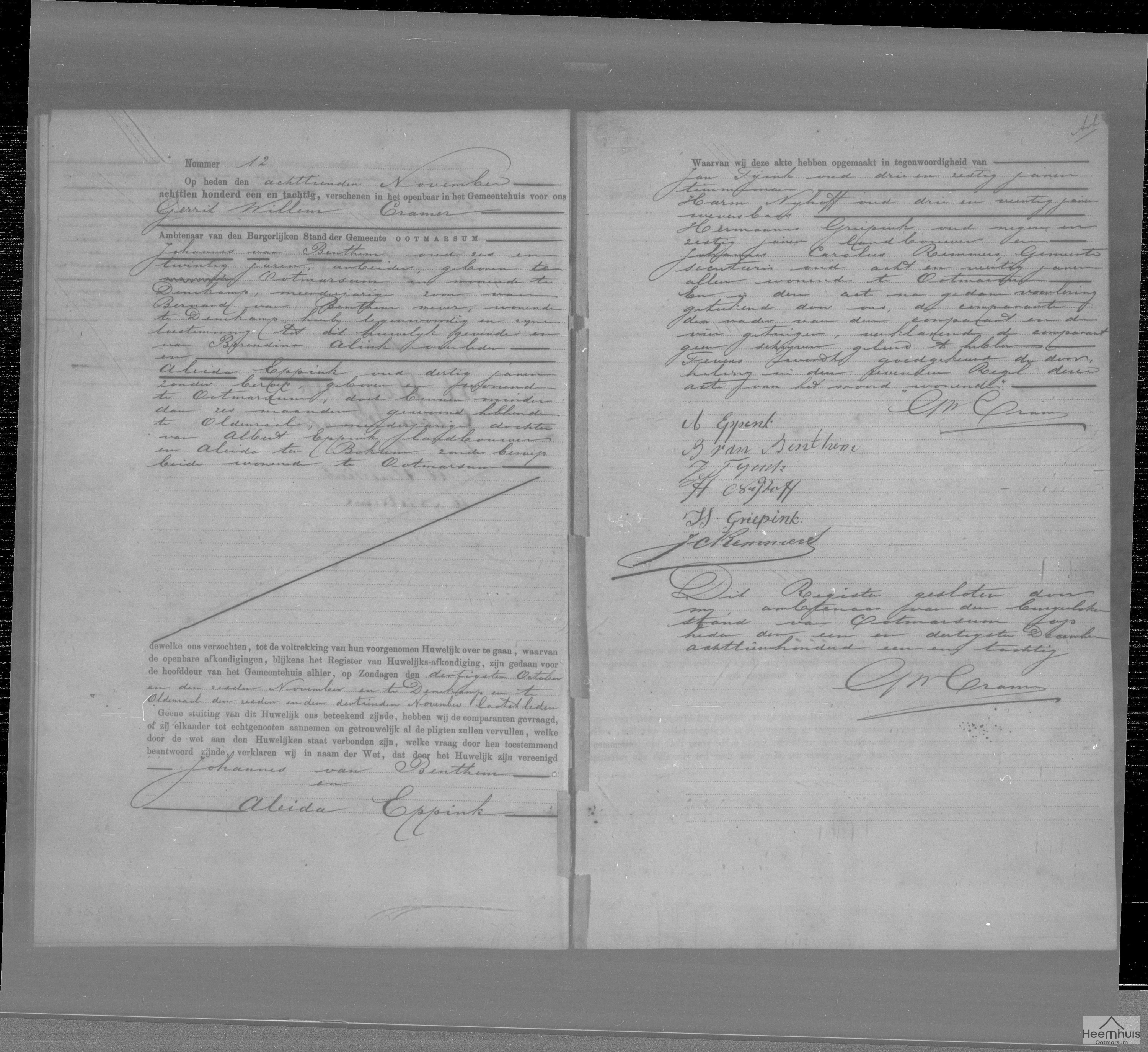 Huwelijksakte van Johannes van Benthem en Aleida Eppink