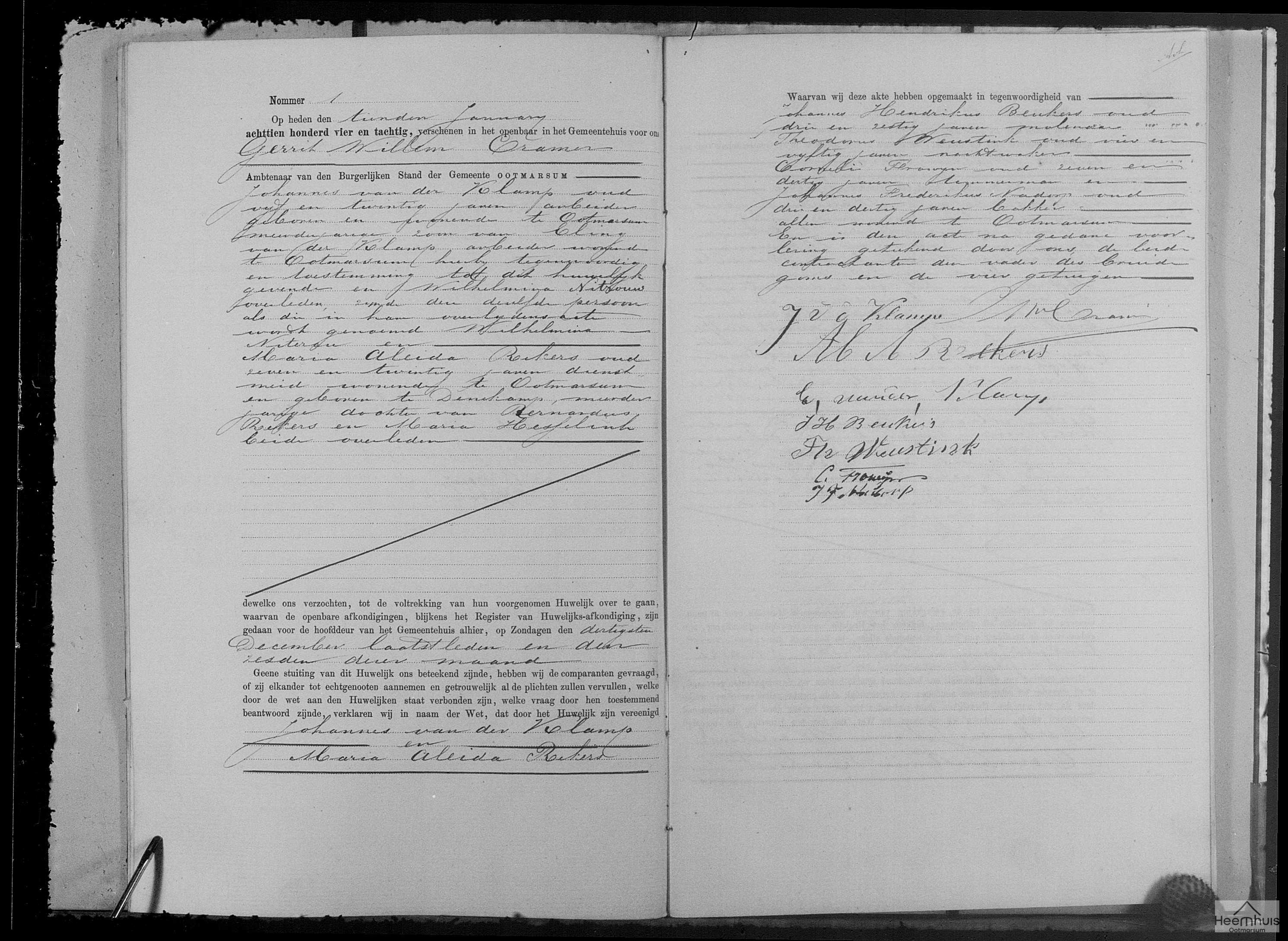 Huwelijksakte van Johannes van der Klamp en Maria Aleida Rekers