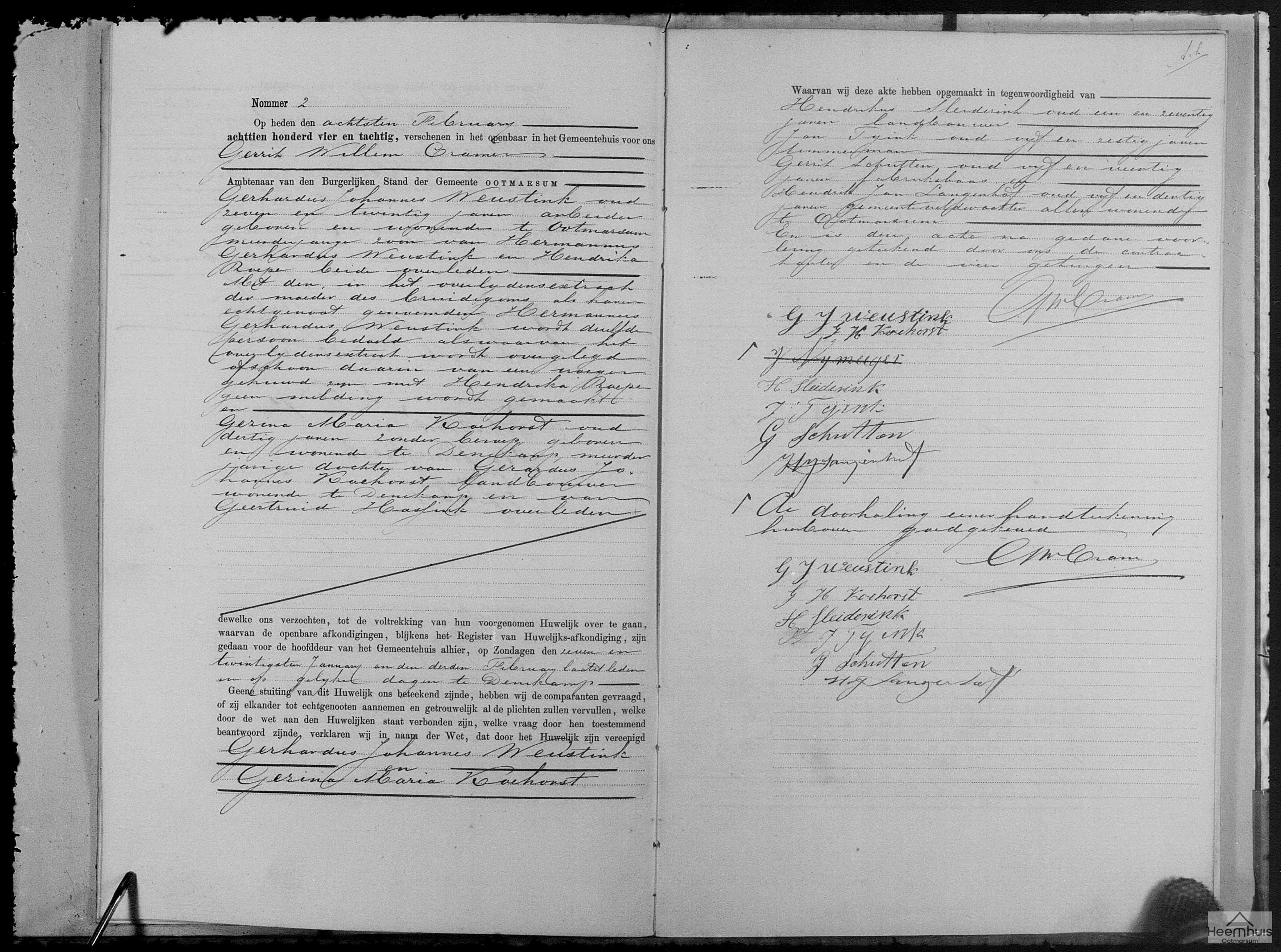 Huwelijksakte van Gerhardus Johannes Weustink en Gezina Maria Koehorst