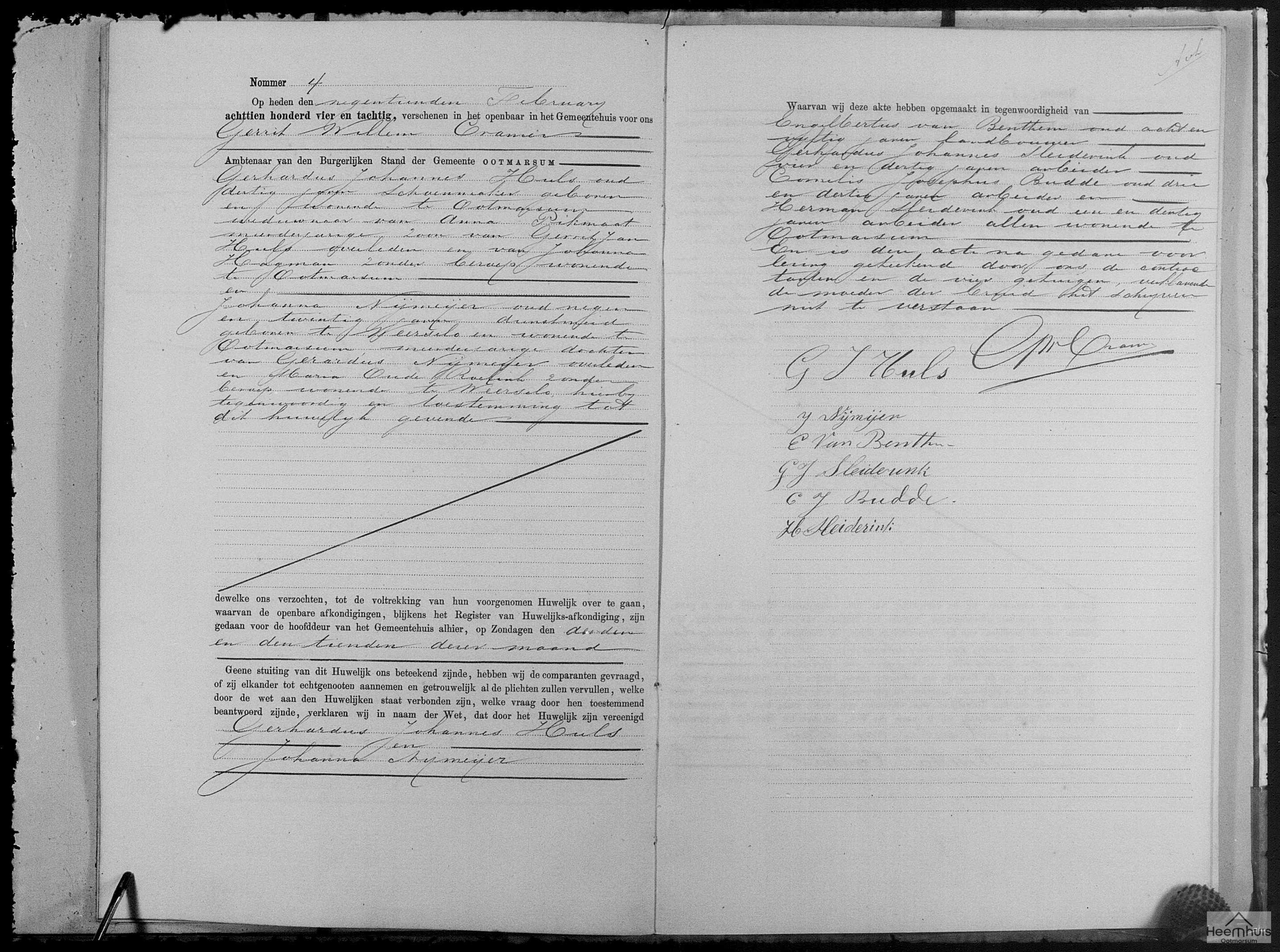 Huwelijksakte van Gerhardus Johannes Huls en Johanna Nijmeijer
