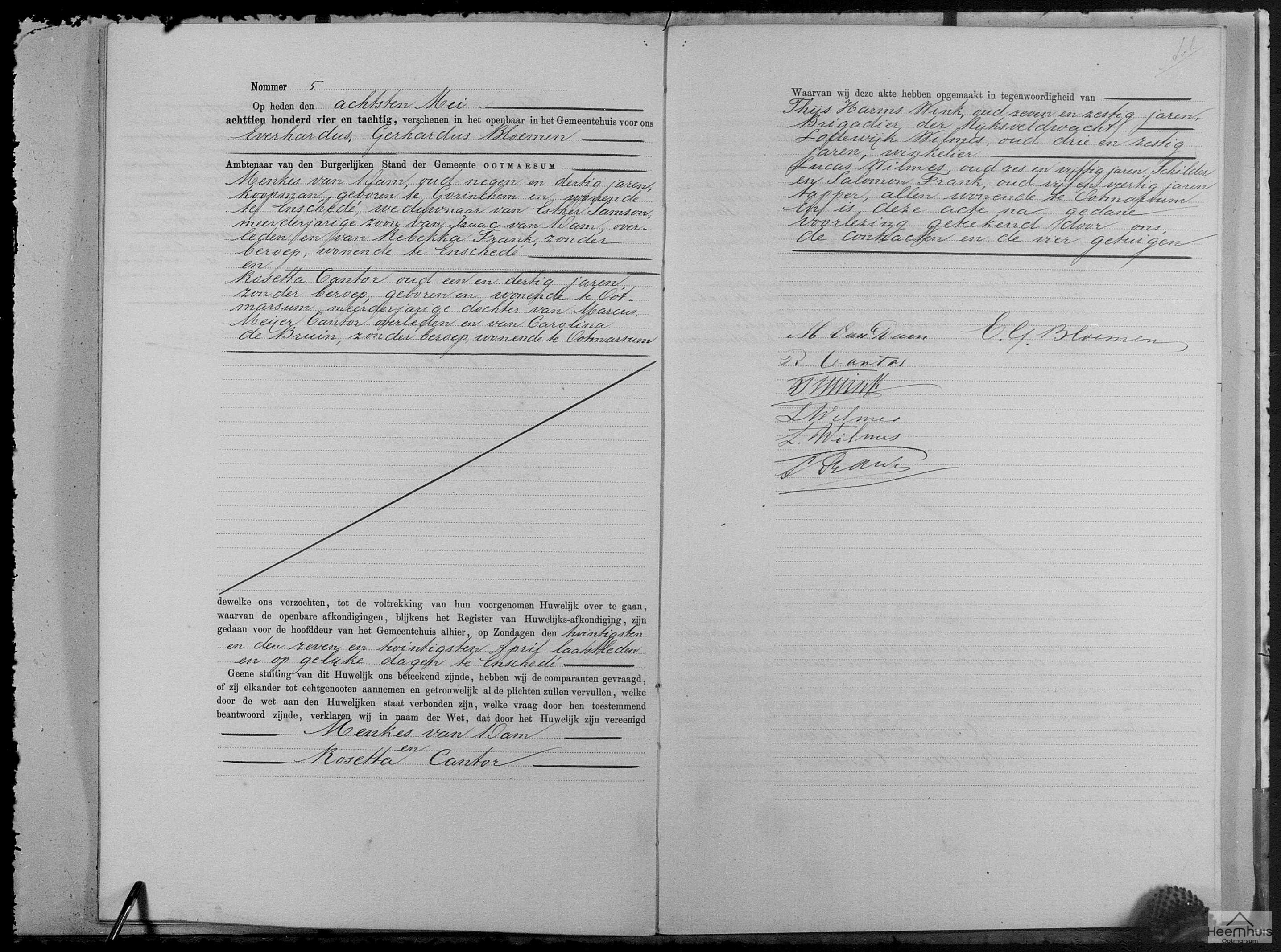 Huwelijksakte van Menkes van Dam en Rosetta Cantor