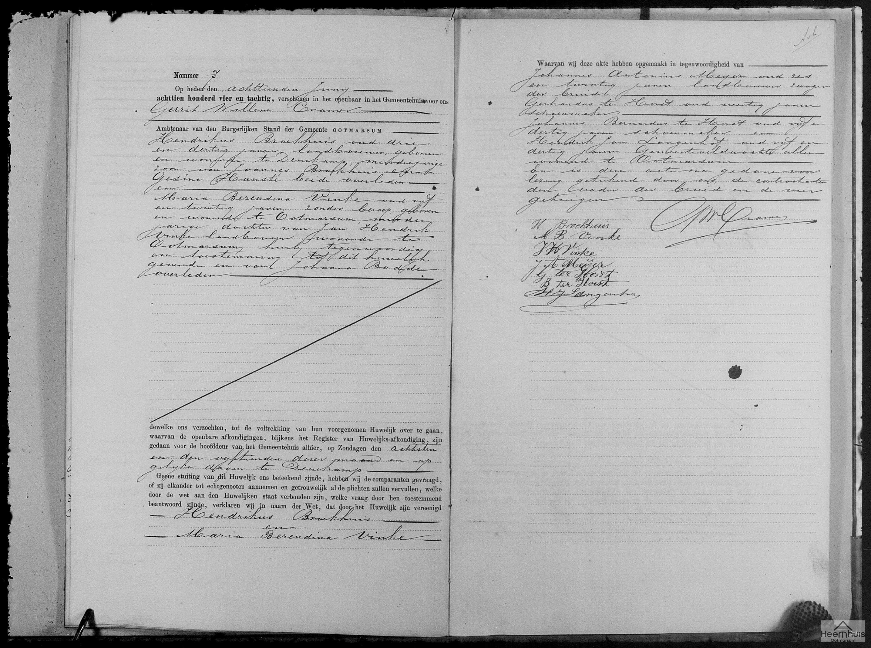 Huwelijksakte van Hendrikus Broekhuis en Maria Berendina Vinke