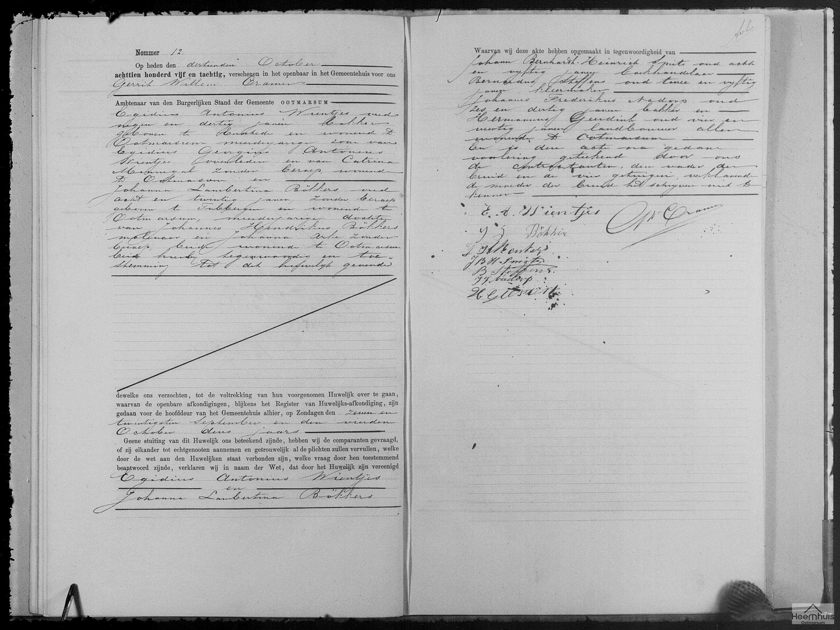 Huwelijksakte van Egidius Antonius Wientjes en Johanna Lambertina Bökkers