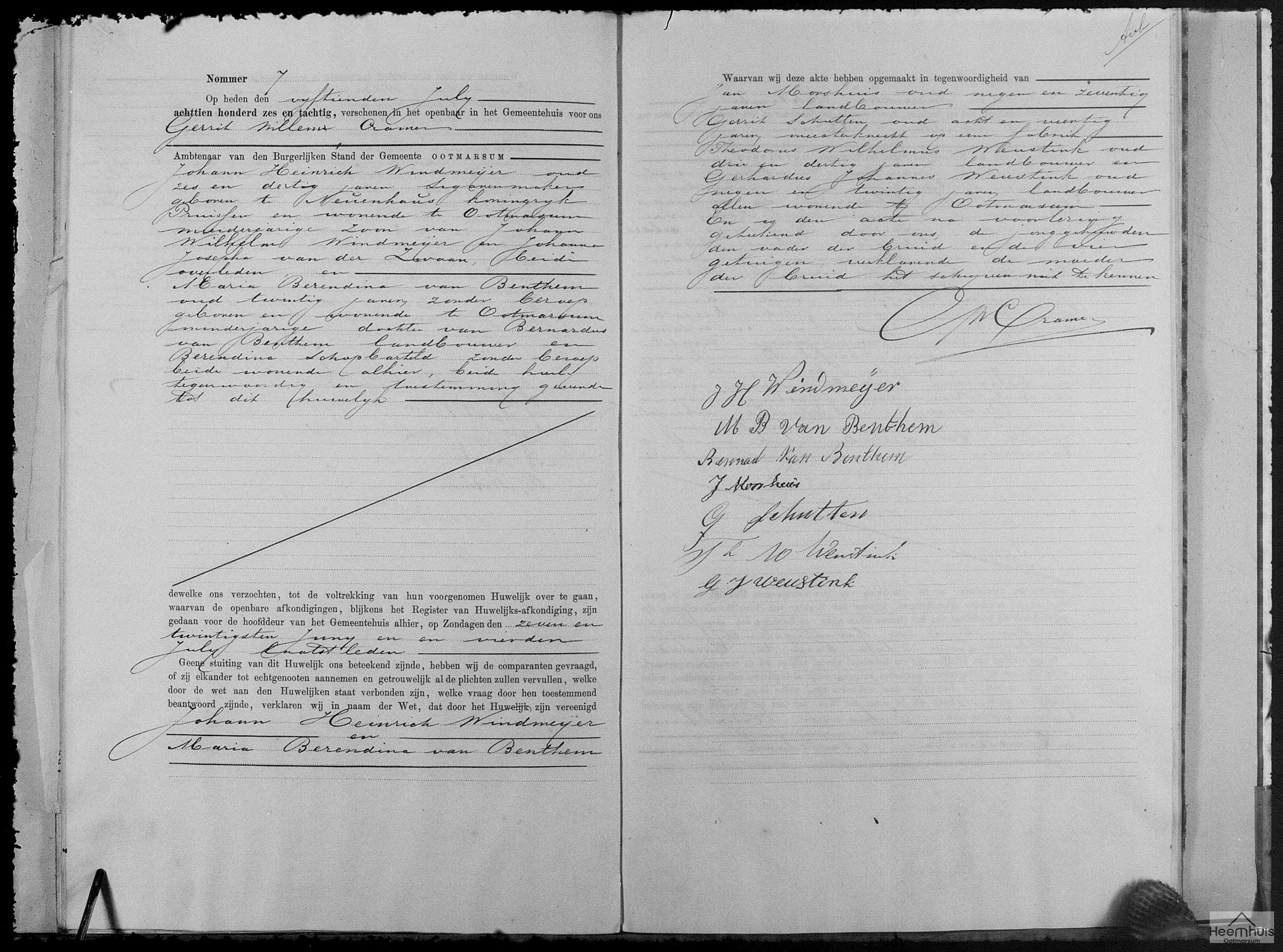 Huwelijksakte van Johann Heinrich Windmeijer en Maria Berendina van Benthem