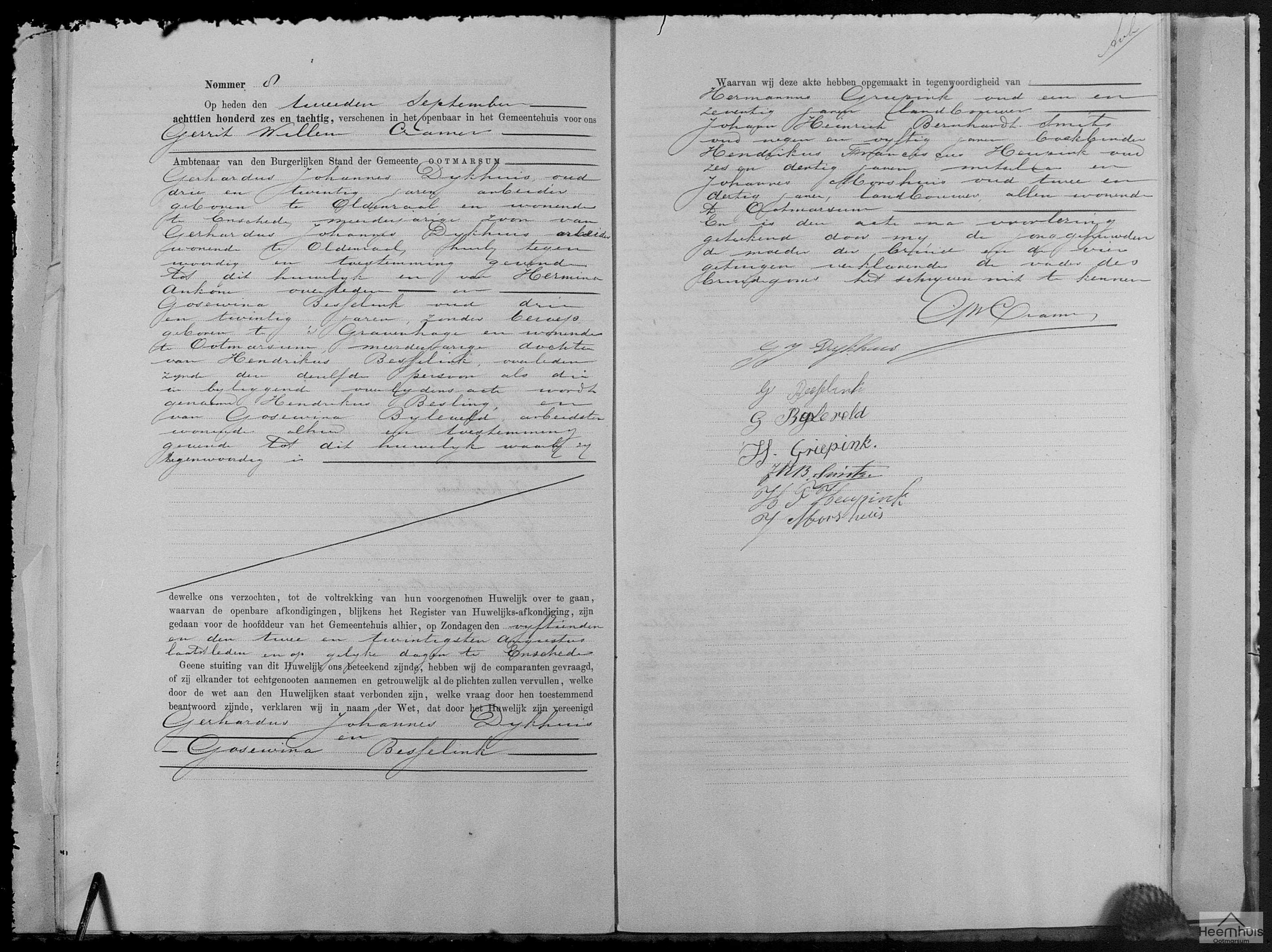 Huwelijksakte van Gerhardus Johannes Dijkhuis en Gosewina Besselink