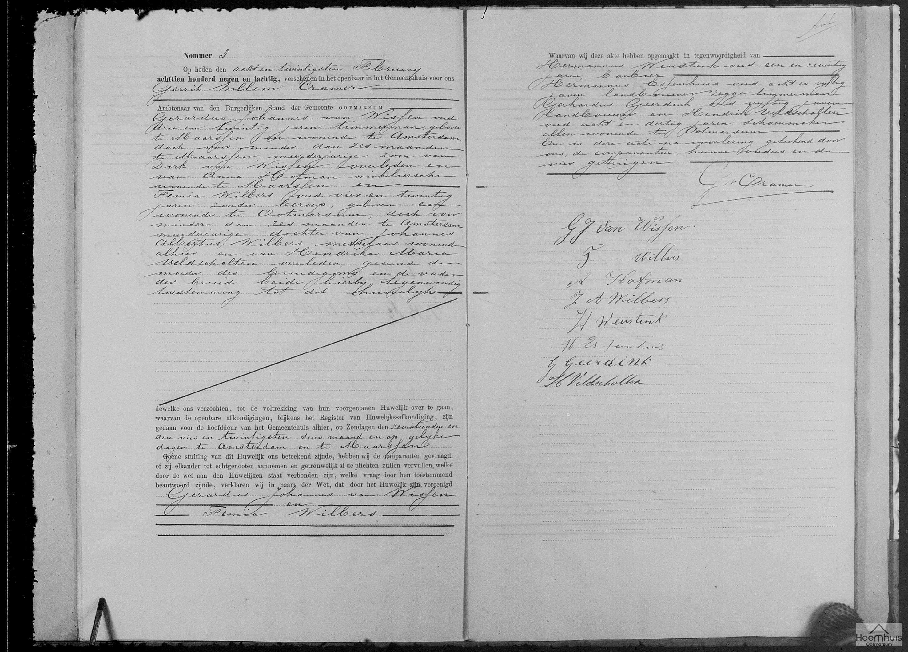 Huwelijksakte van Gerardus Johannes van Wissen en Femia Wilbers