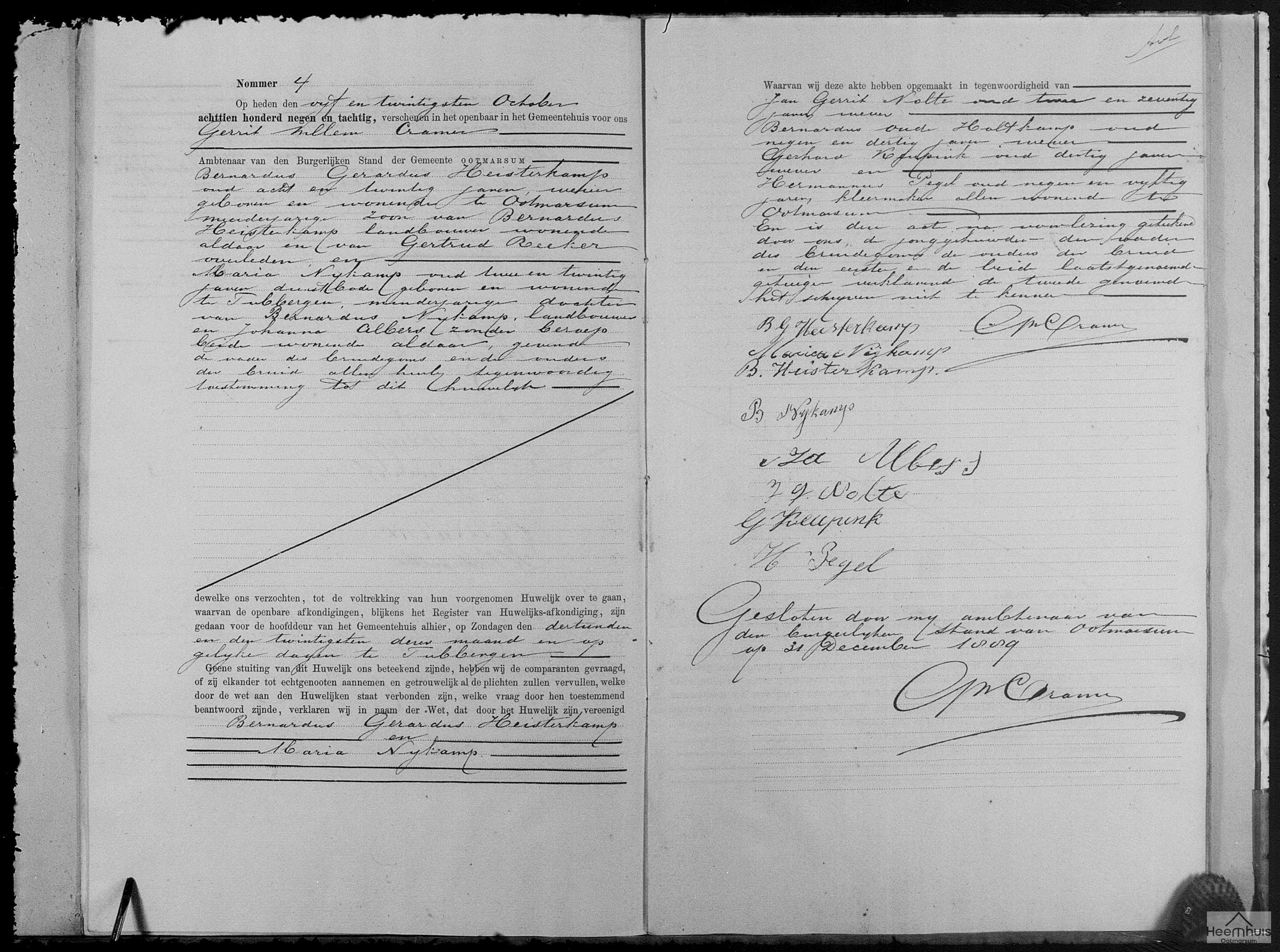 Huwelijksakte van Bernardus Gerardus Heisterkamp en Maria Nijkamp