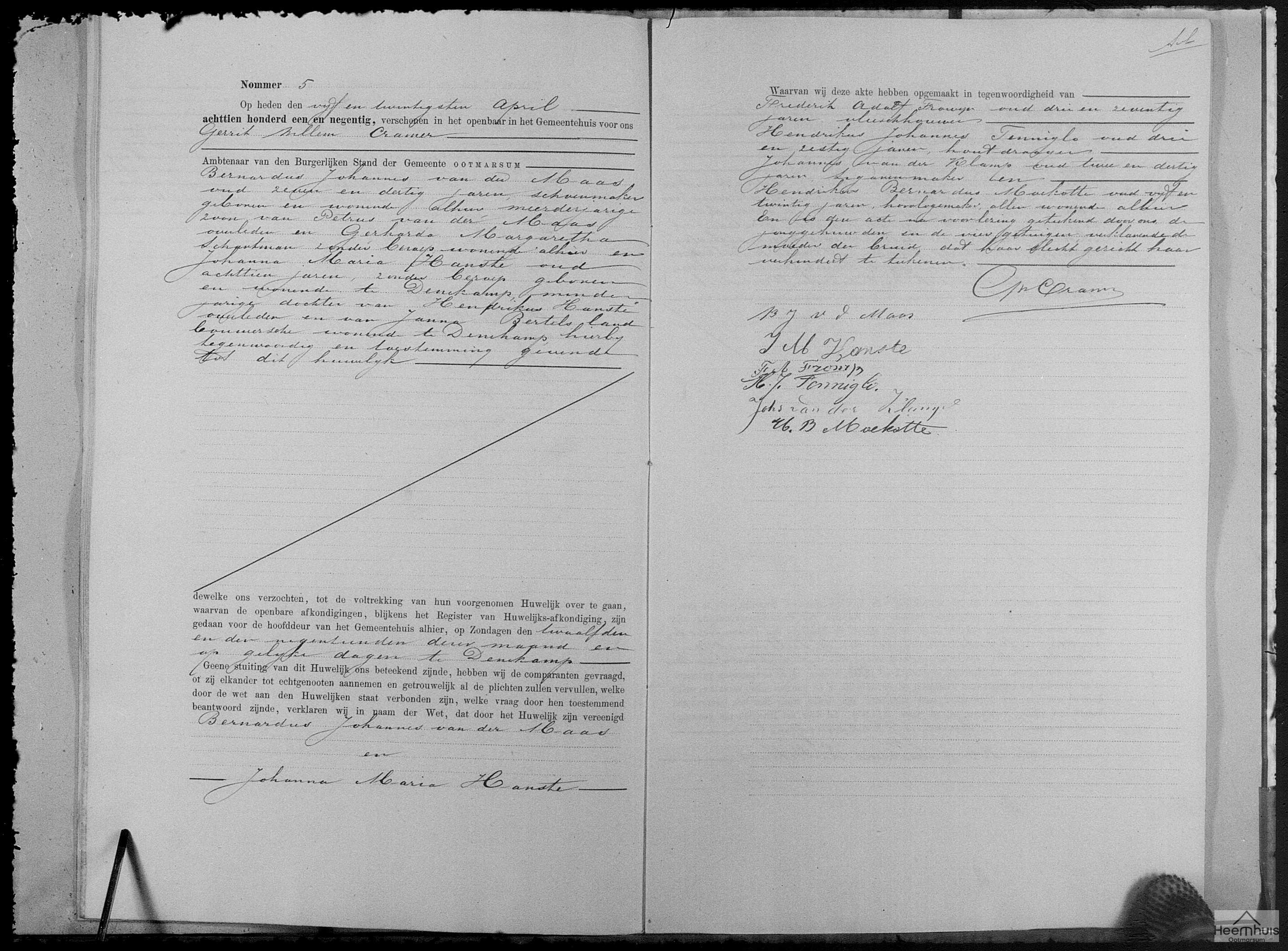 Huwelijksakte van Bernardus Johannes van der Maas en Johanna Maria Hansté