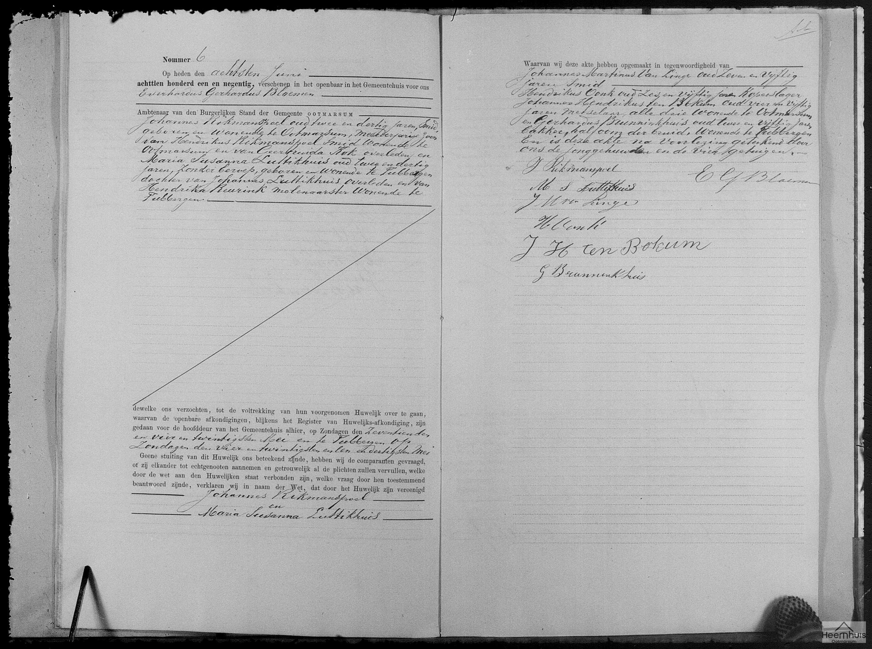 Huwelijksakte van Johannes Rikmanspoel en Maria Susanna Luttikhuis