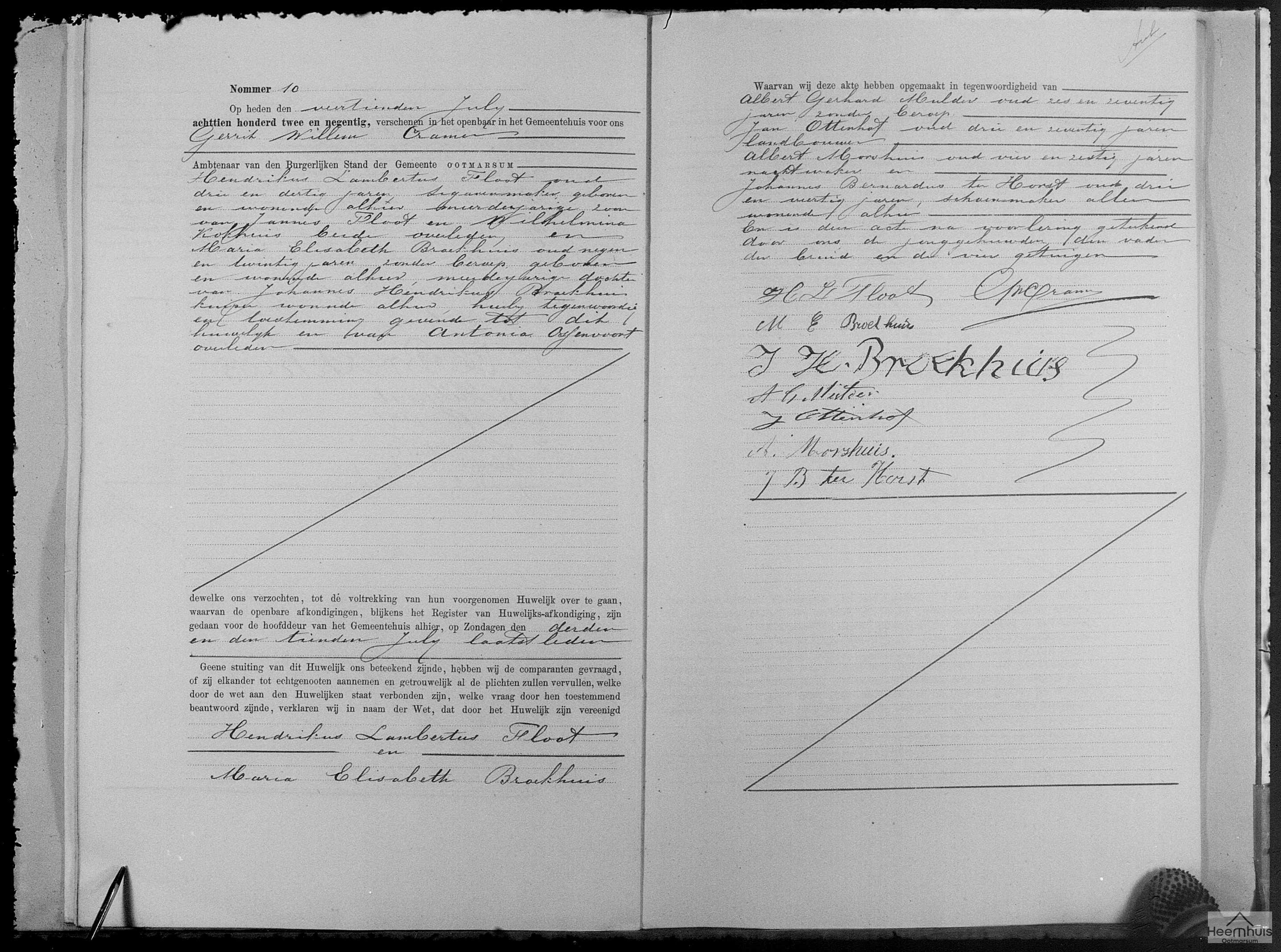 Huwelijksakte van Hendrikus Lambertus Floot en Maria Elisabeth Broekhuis