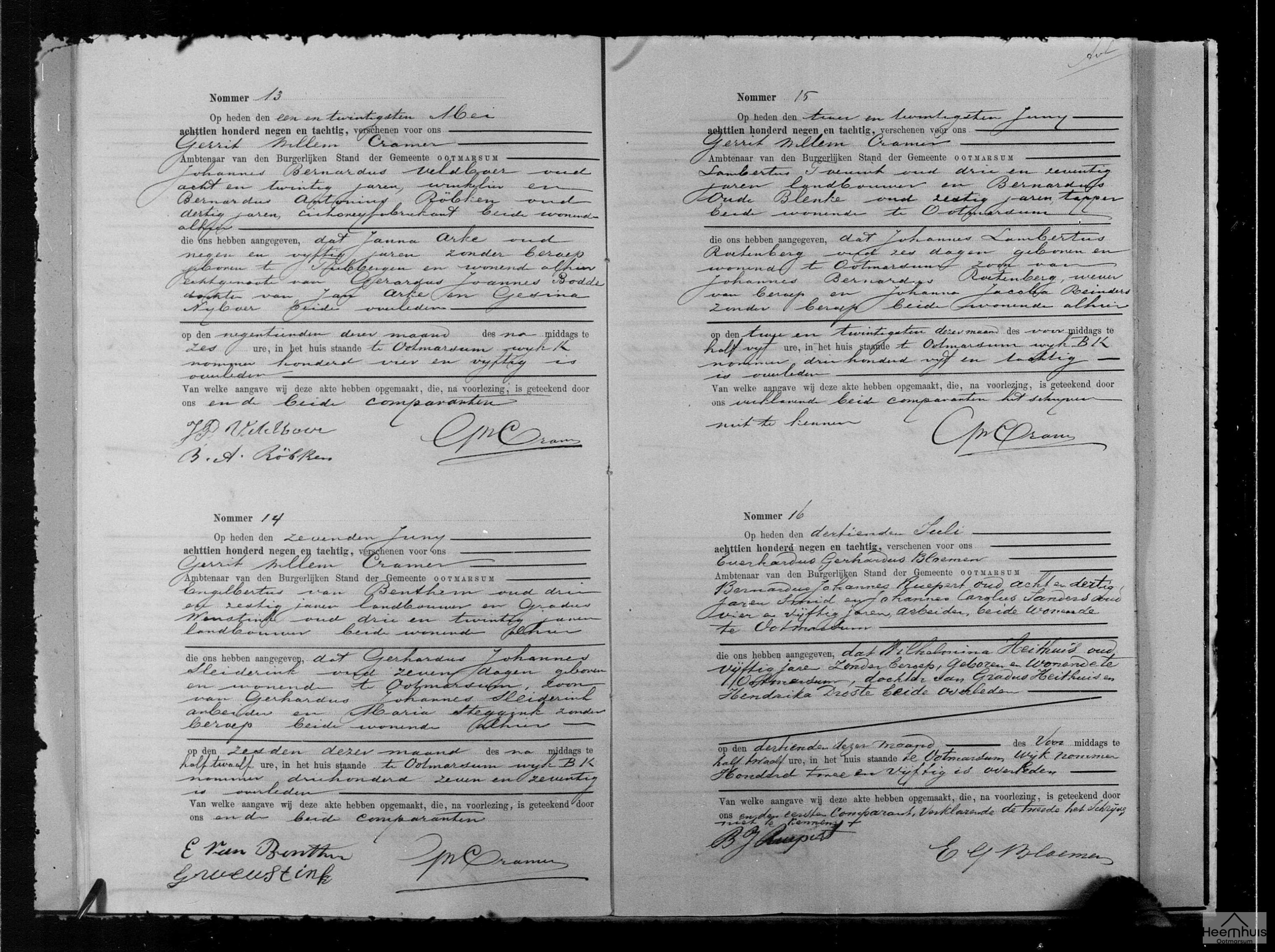 Overlijdensakte van Gerhardus Johannes Sleiderink