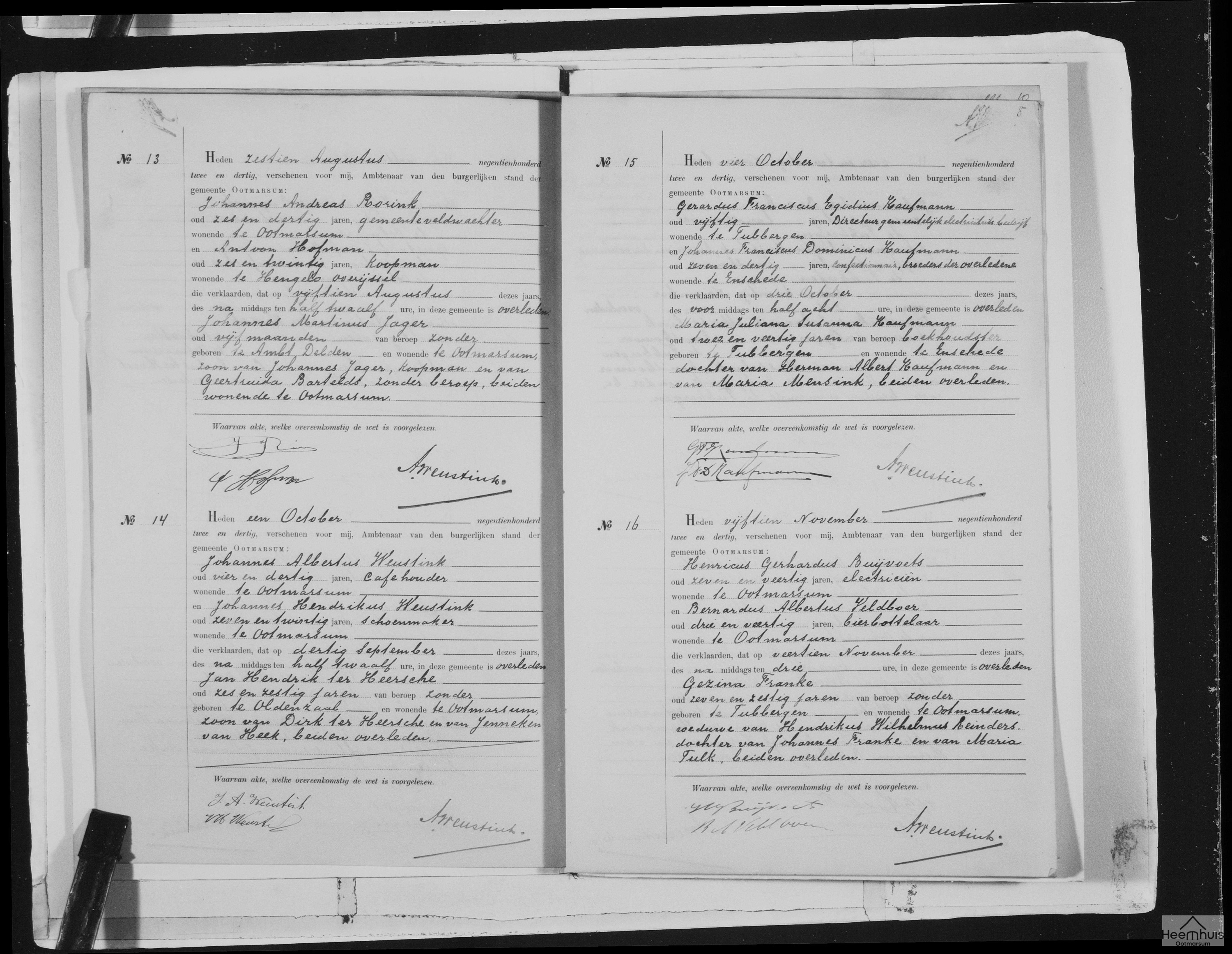 Overlijdensakte van Jan Hendrik ter Heersche