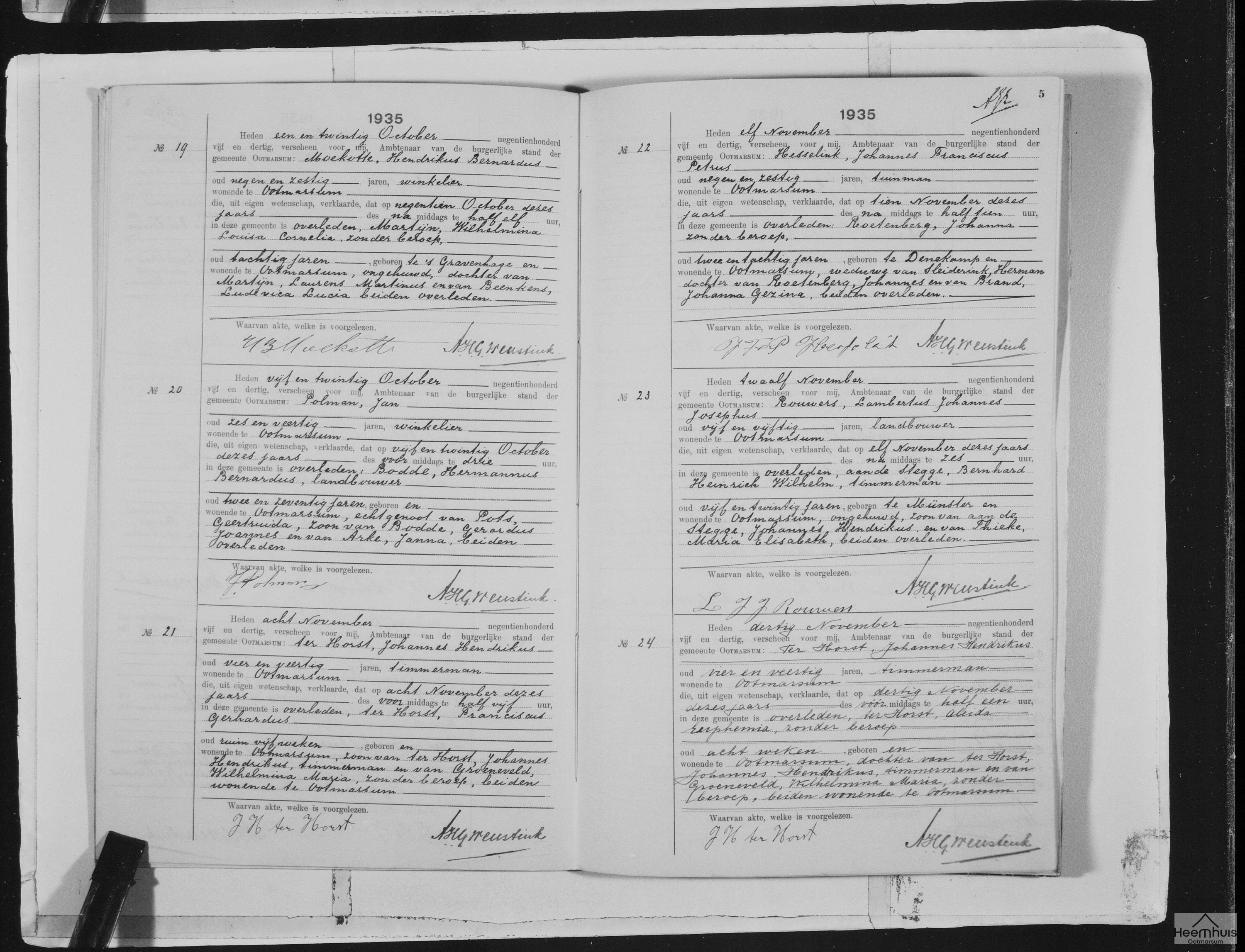 Overlijdensakte van Franciscus Gerardus ter Horst