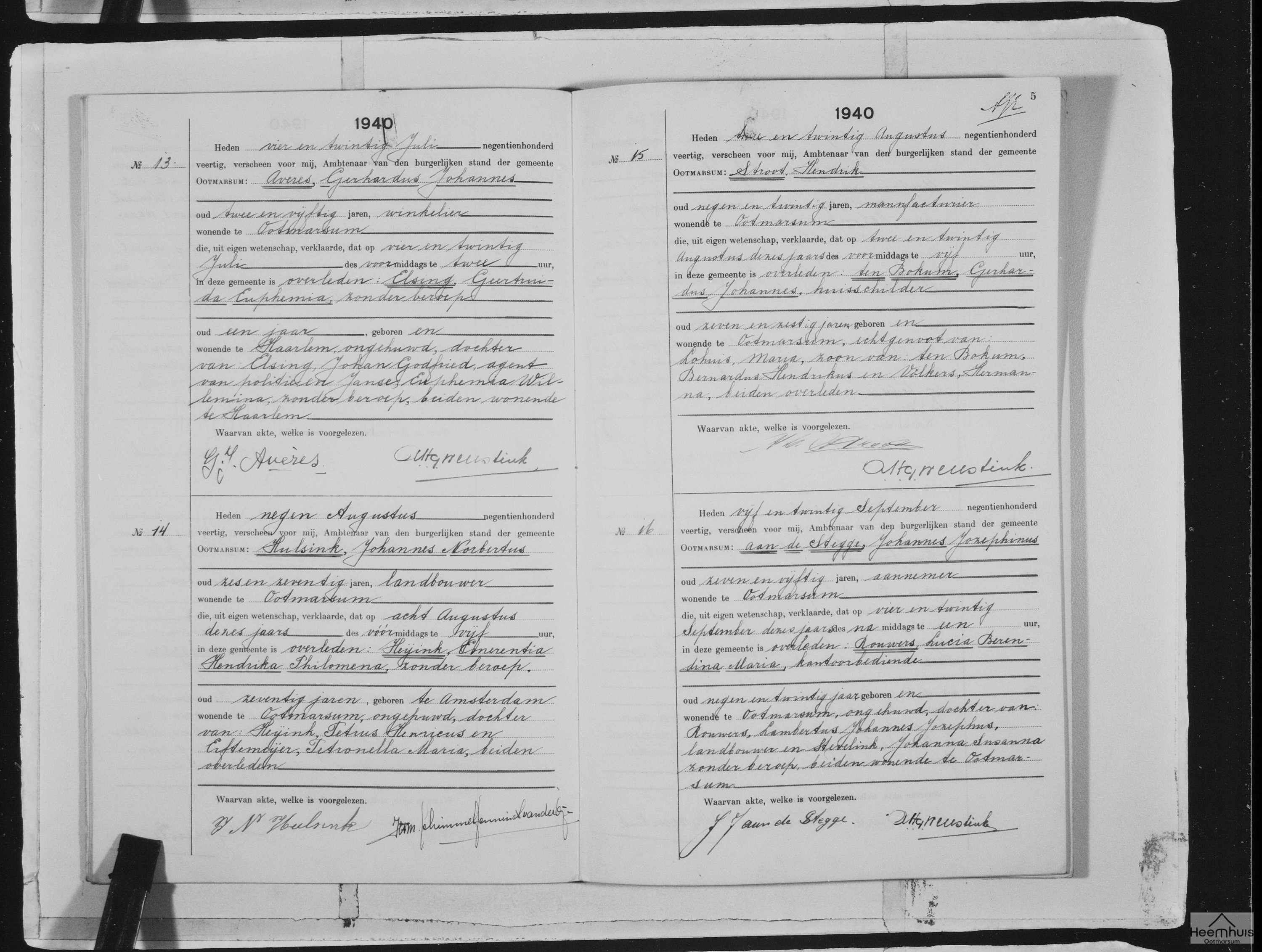 Overlijdensakte van Gerhardus Johannes ten Bokum