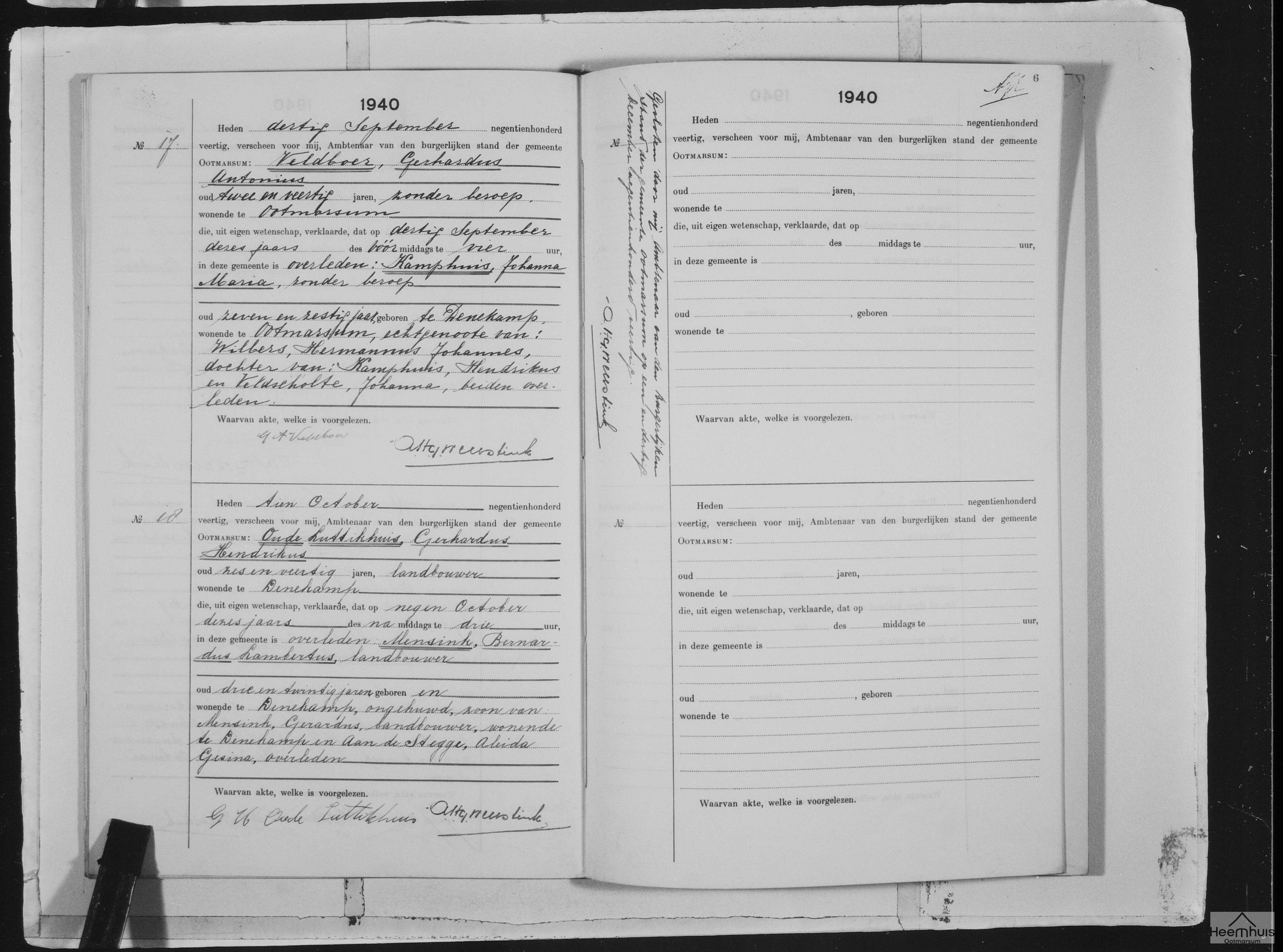 Overlijdensakte van Bernardus Lambertus Mensink