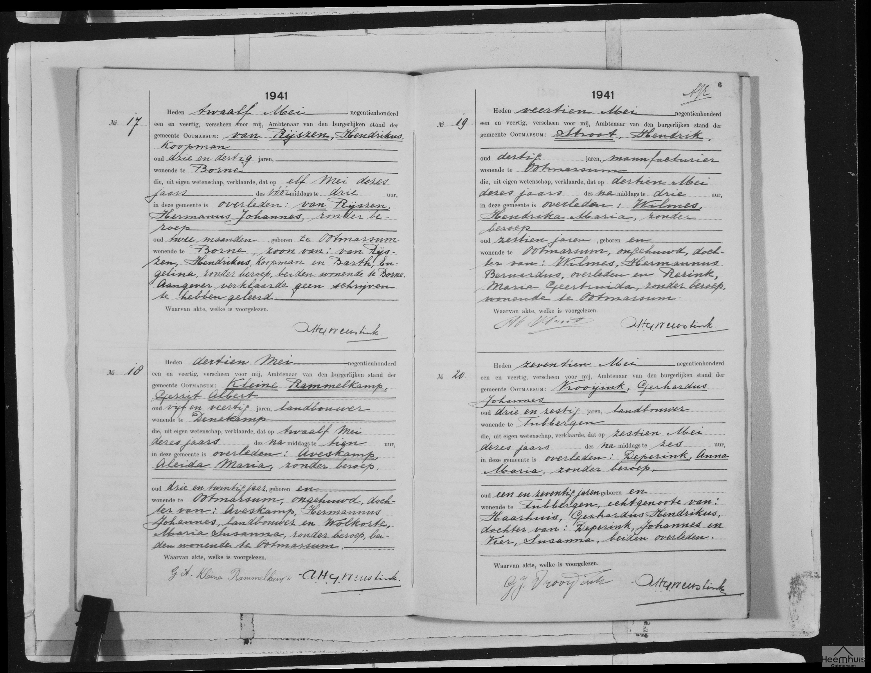 Overlijdensakte van Hermanus Johannes van Rijszen