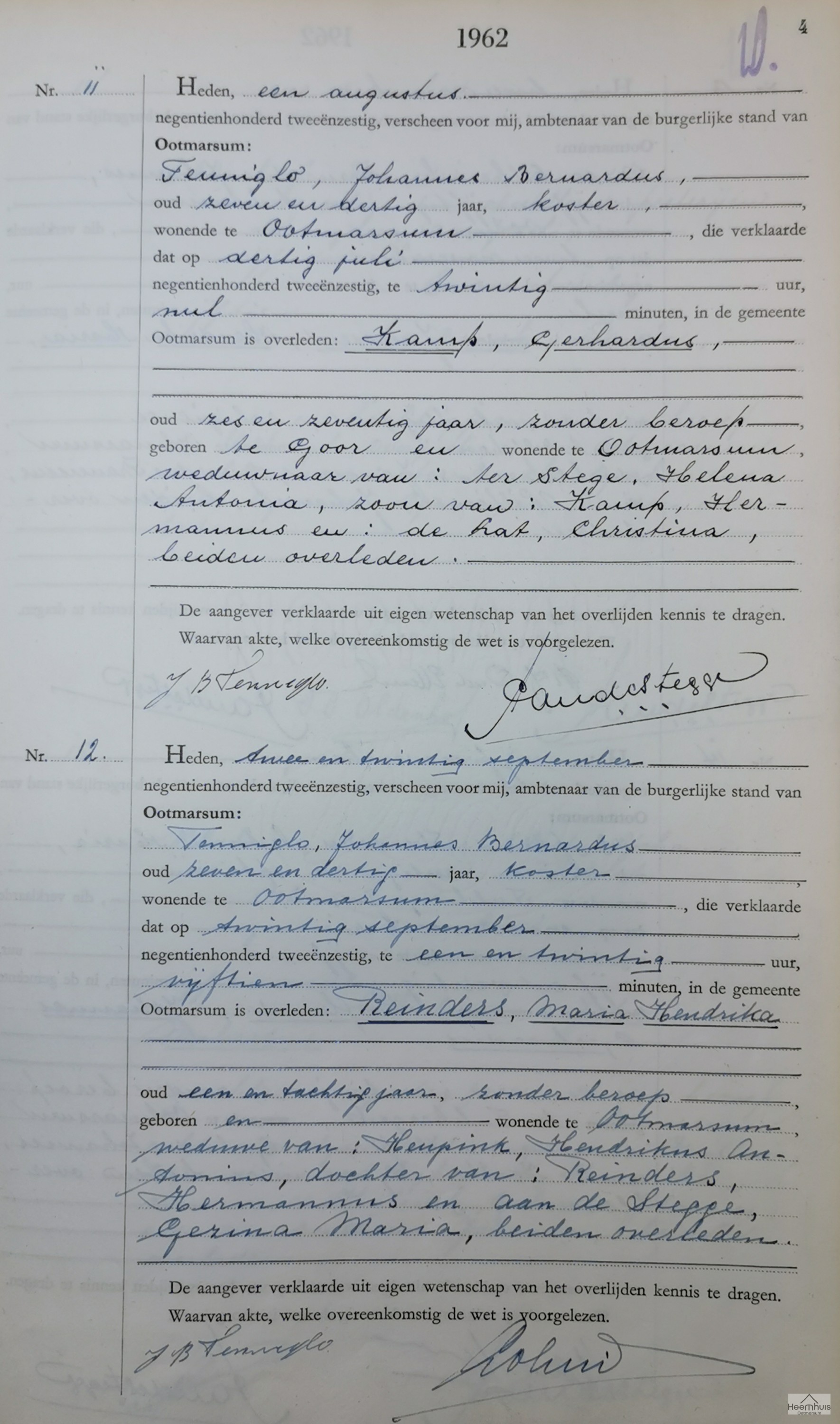 Overlijdensakte van Maria Hendrika Reinders
