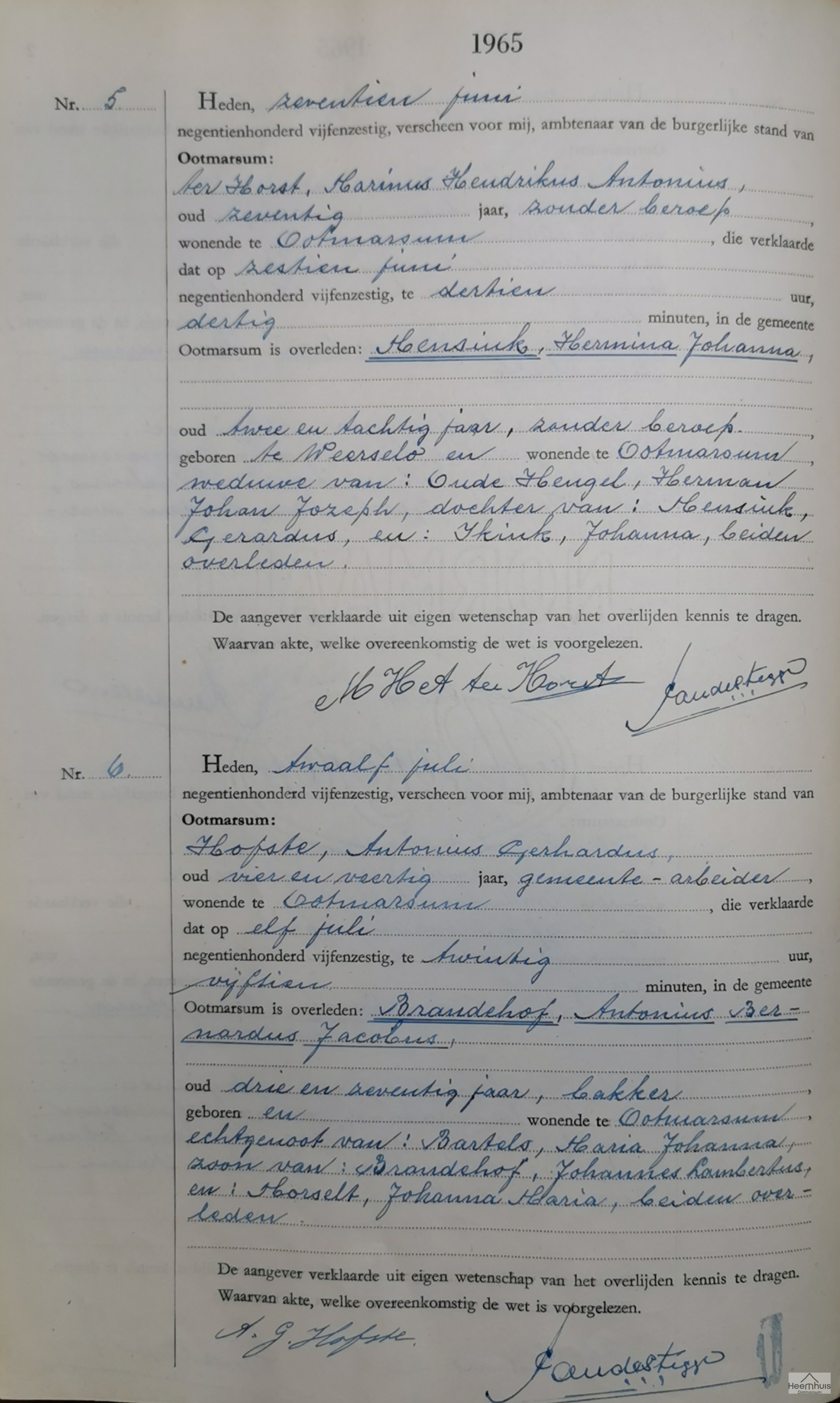Overlijdensakte van Antonius Bernardus Jacobus Brandehof