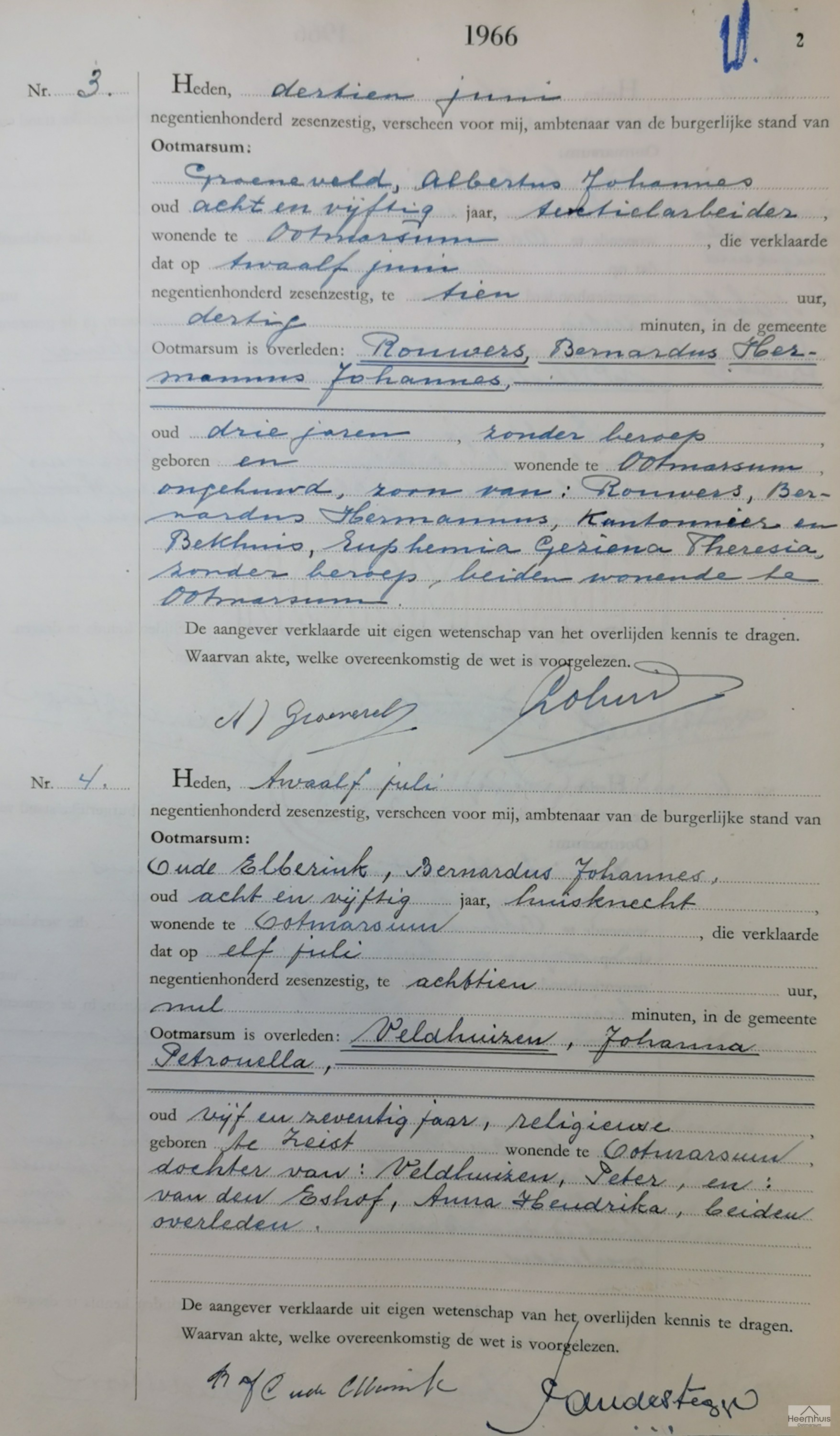 Overlijdensakte van Johanna Petronella Veldhuizen