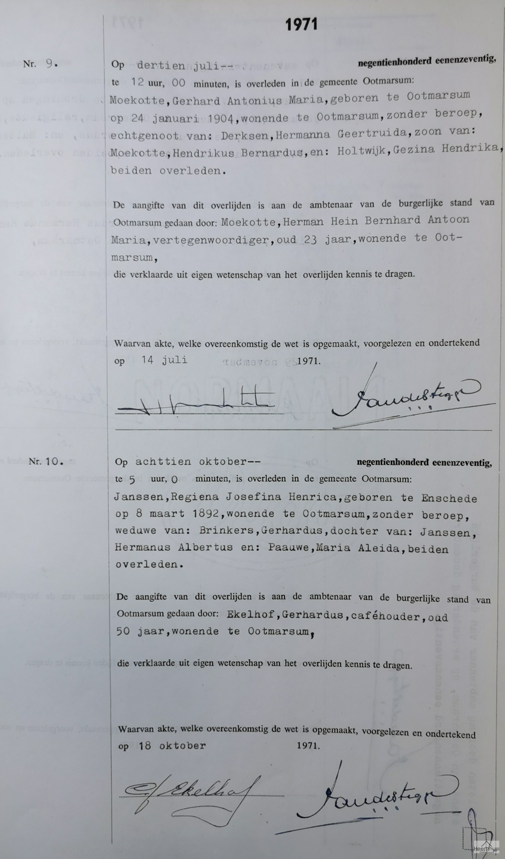 Overlijdensakte van Gerhard Antonius Maria Moekotte