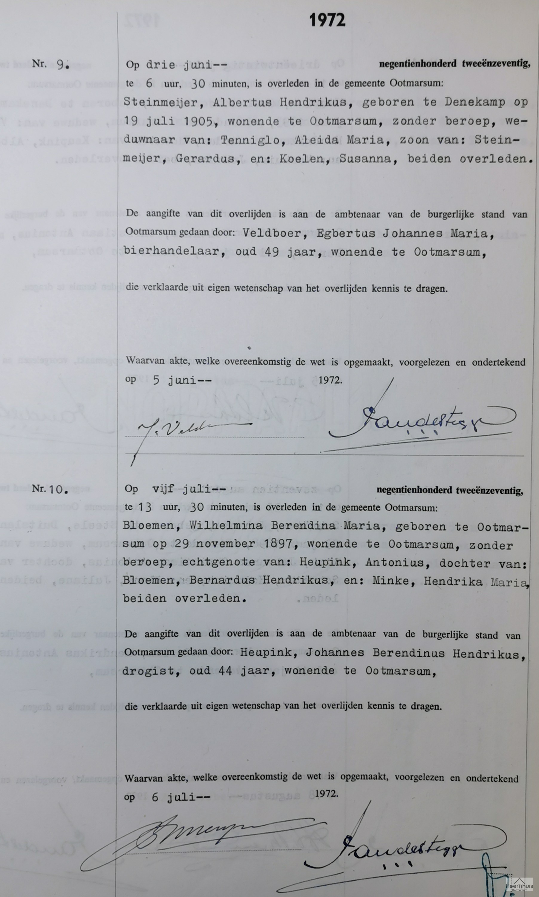 Overlijdensakte van Albertus Hendrikus Steinmeijer