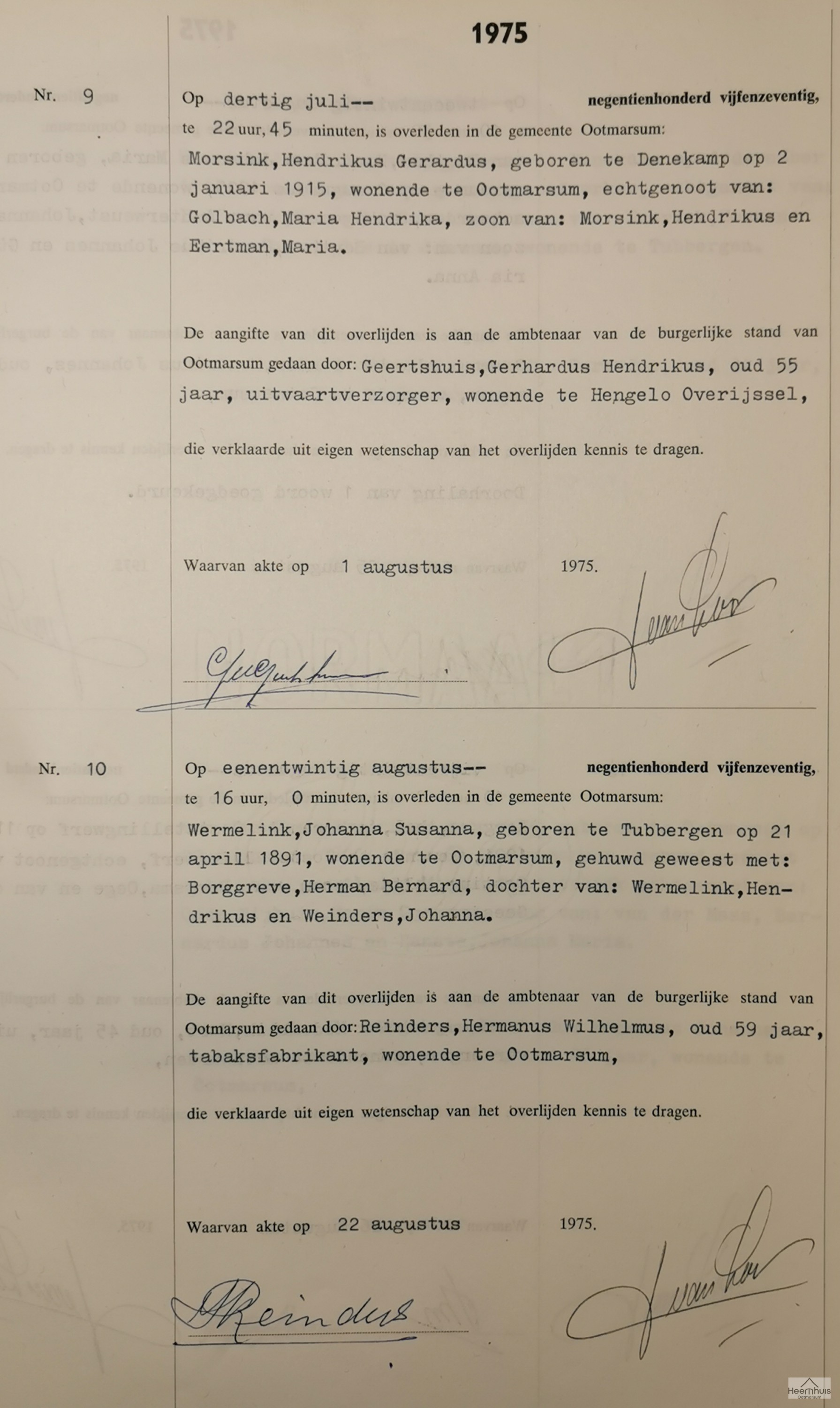 Overlijdensakte van Hendrikus Gerardus Morsink