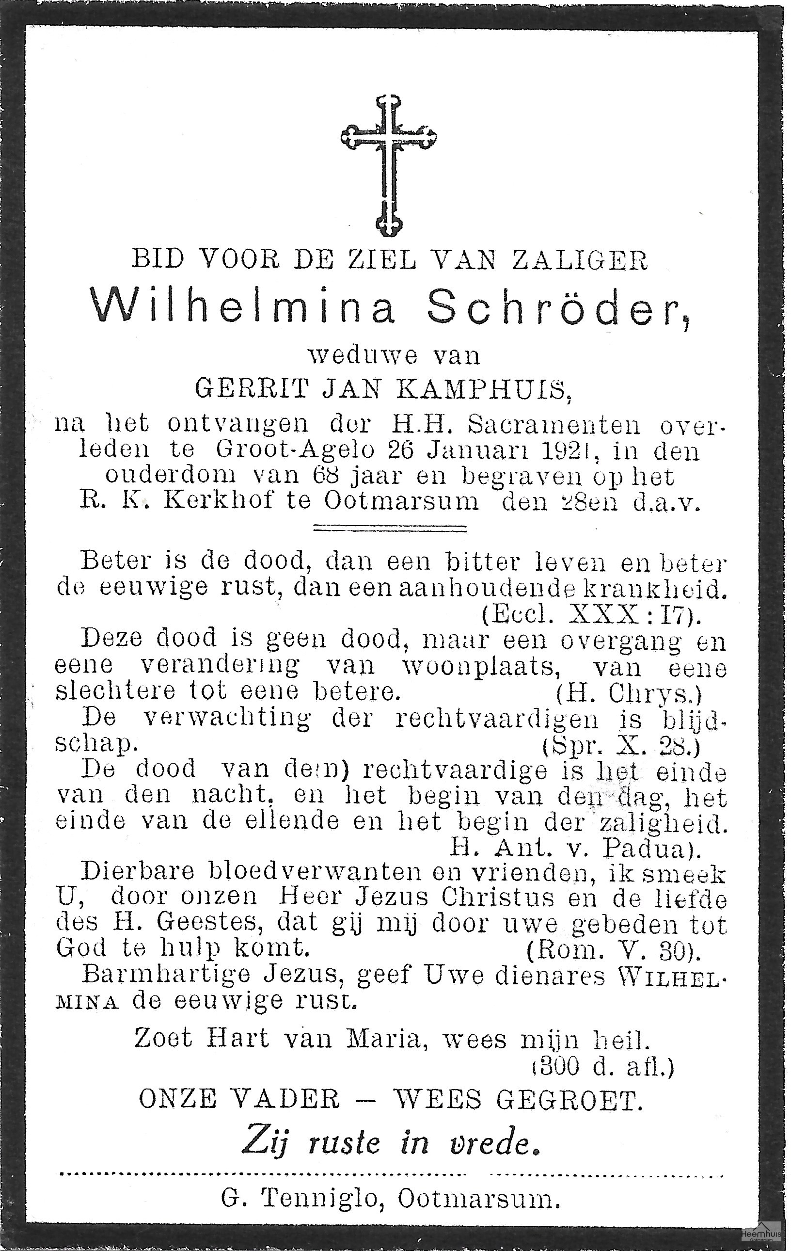 Bidprentje van Wilhelmina Schröder