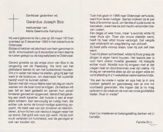 Bidprentje van Gerardus Joseph Bos