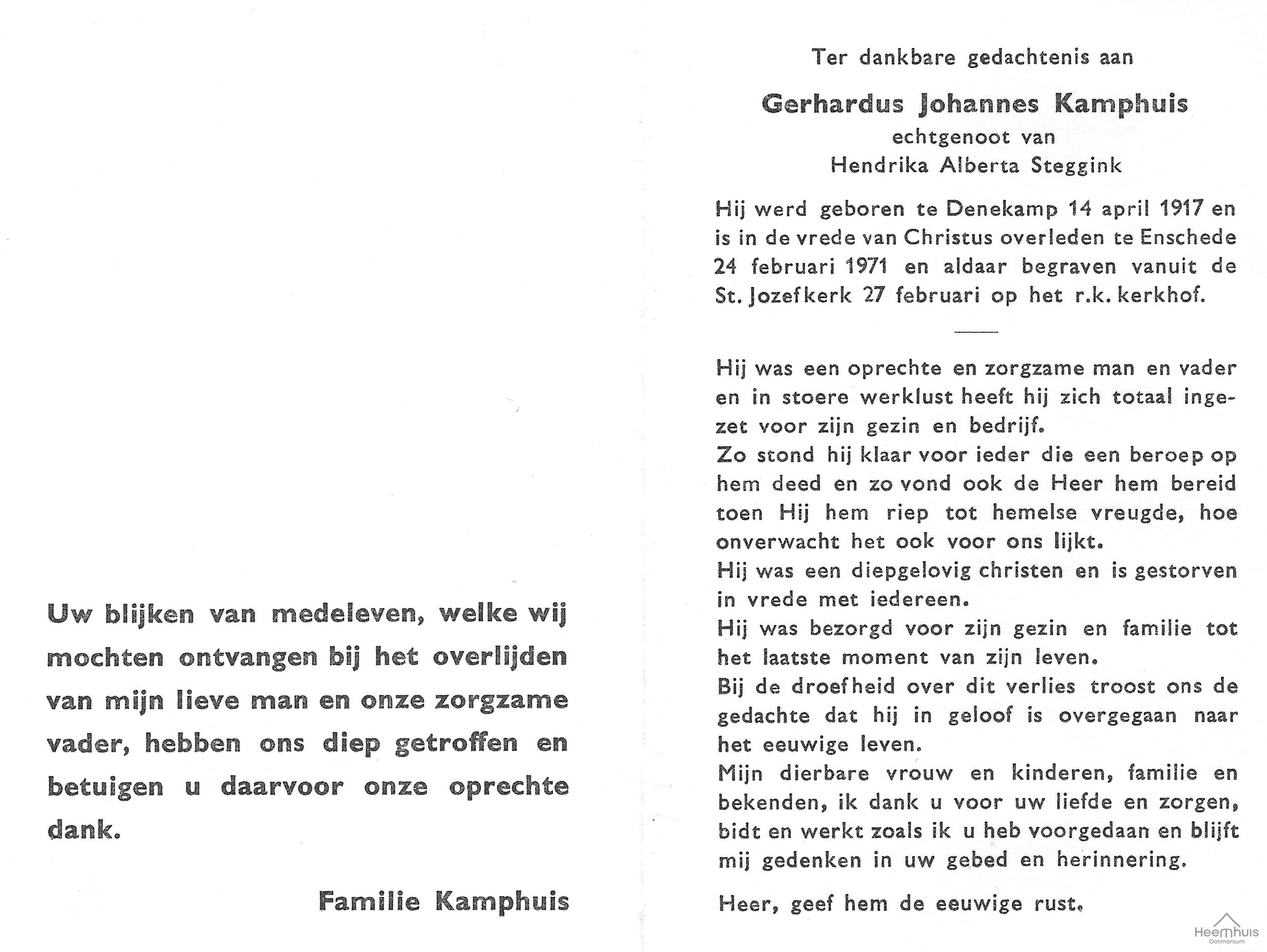 Bidprentje van Gerhardus Johannes Kamphuis