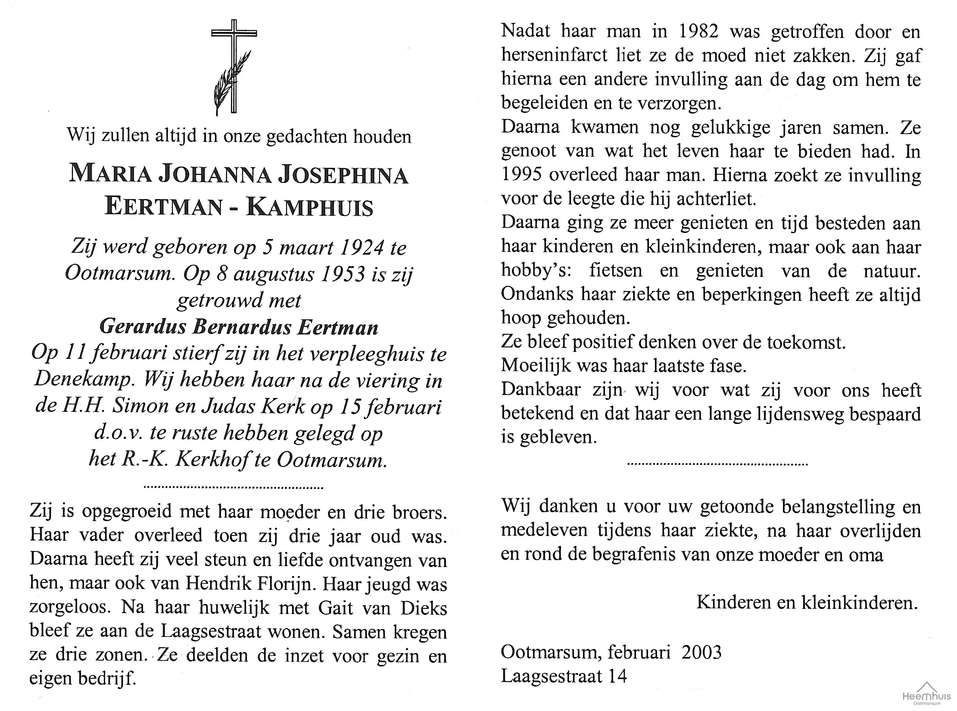 Bidprentje van Maria Johanna Josephina Kamphuis