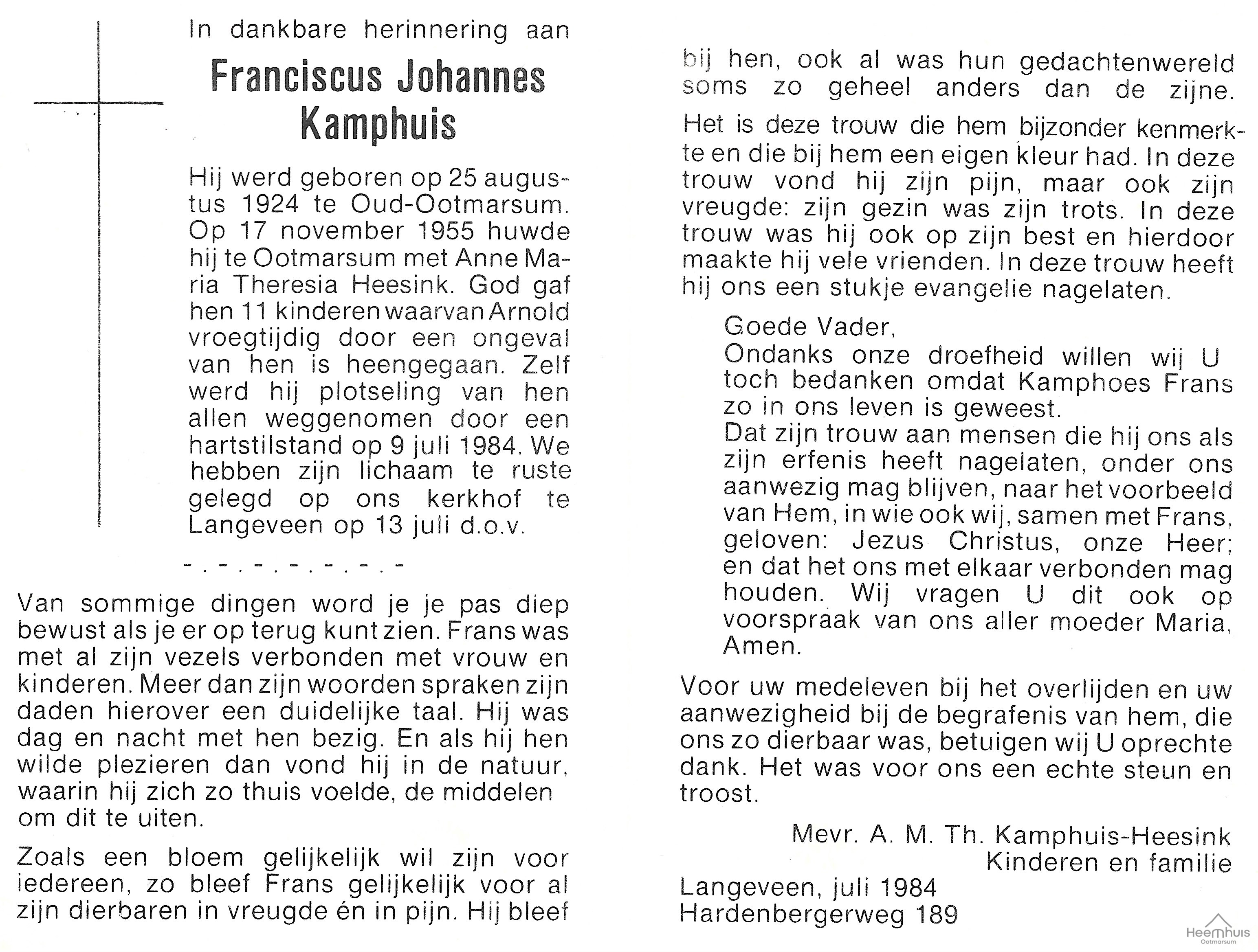 Bidprentje van Franciscus Johannes Kamphuis